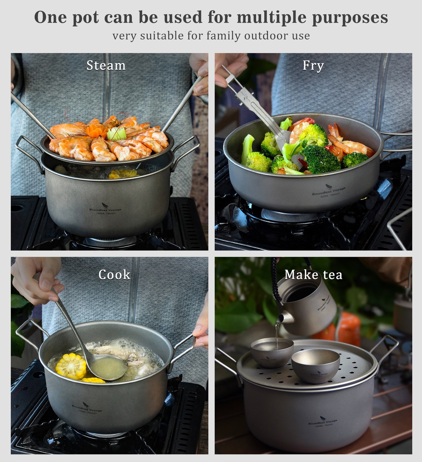Boundless Voyage Multifunctional Titanium Cookware Set, 1900ml Soup Stockpot + 900ml Frying Pan with Lid & Tea Tray, Portable Outdoor Camping Mess Kit Ti2057C