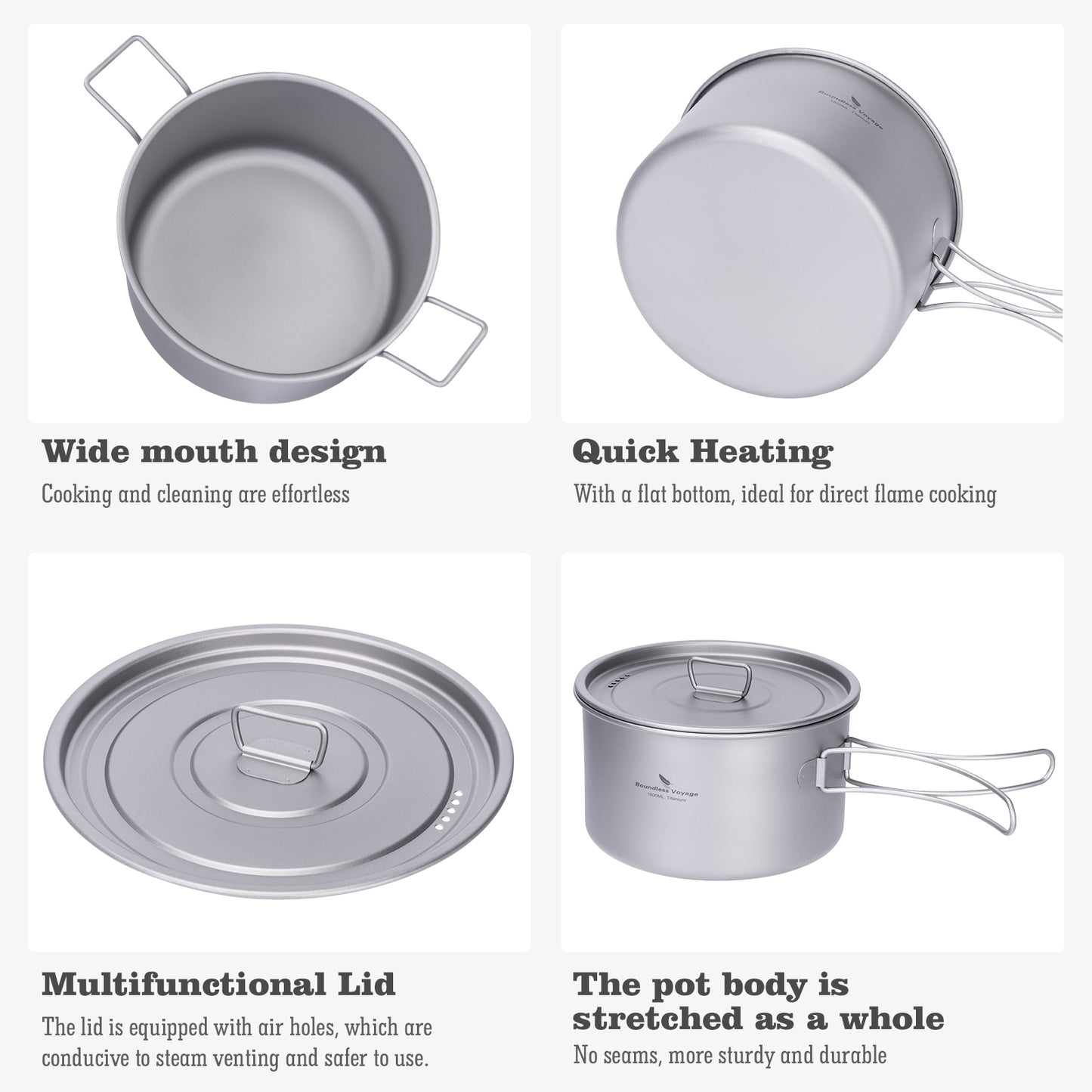 Boundless Voyage Lightweight Titanium Pot Outdoor Portable Cooking Set hiking Backpacking Pot for Hiking Trekking Picnic Fishing Mountaineering
