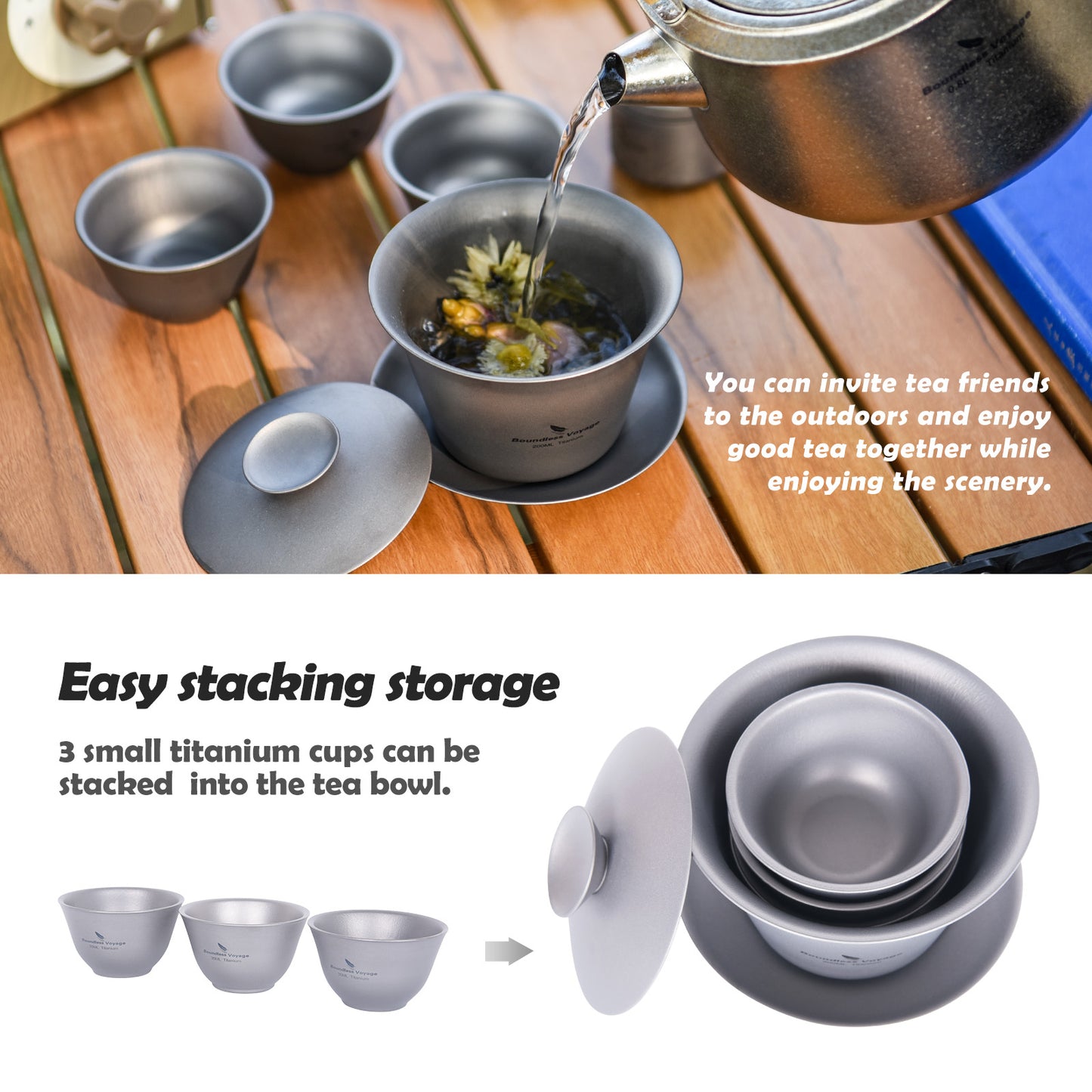 Boundless Voyage Double Walled Titanium Gaiwan, Traditional Chinese Kung Fu Tea Bowl with Lid & Saucer, Ultralight Durable Portable Tea Set for Home Tea Ceremony & Outdoor Camping Ti3123D-Ti3124D