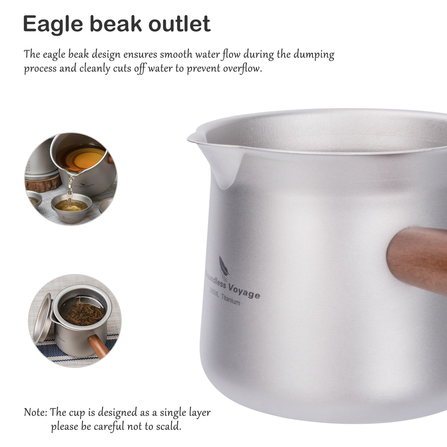 Boundless Voyage 380ml Titanium Tea Cup with Removable Wooden Handle & Filter Strainer, Ultralight Portable Mug Ti3141D