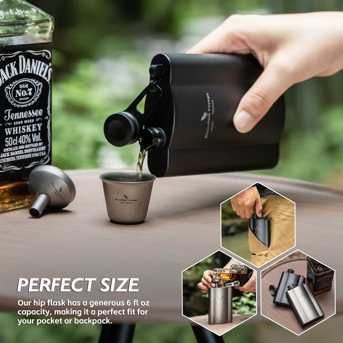 Boundless Voyage Titanium Hip Flask 180ml / 240ml Rust-Free Ultralight Small Liquor Flask Bottle for Whiskey Vodka Wine Outdoor Portable Travel Outdoor Ti3071D / Ti3072D/ Ti3073D