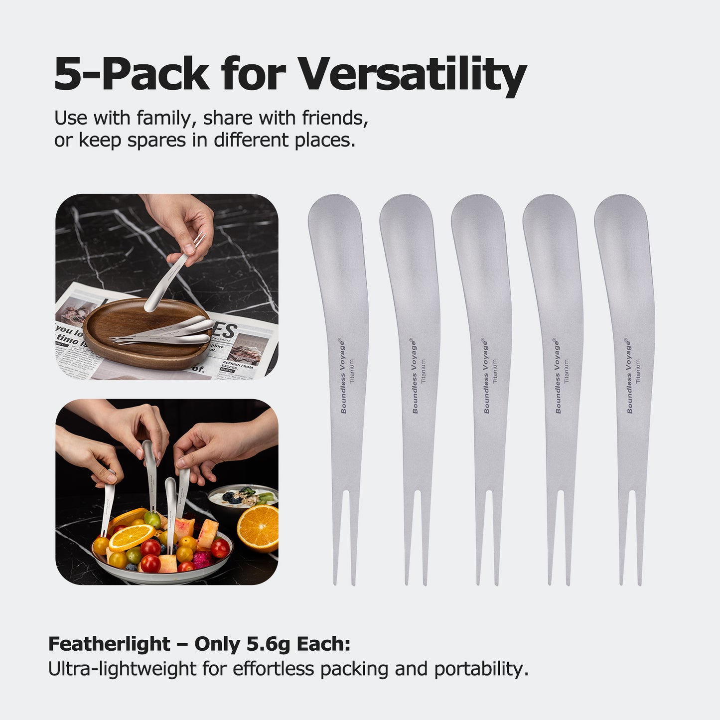 Boundless Voyage Titanium Dual-Use Fork Spoon Set, 5 Pieces Ultralight 5.6g Per Spoon-Fork, Portable Camping Cutlery Kit with Drawstring Bag for Fruit, Coffee, Ice Cream & Outdoor Travel Ti1126T