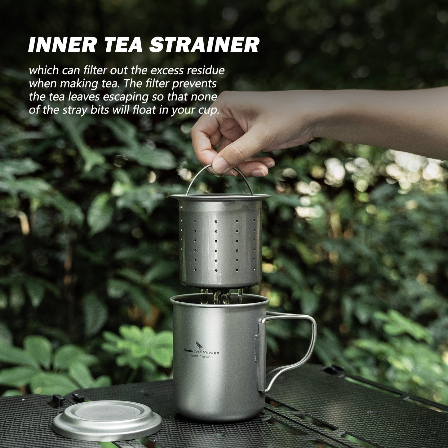 Boundless Voyage 450ml Titanium Cup with Filter Folding Handles Outdoor Camping Tea Coffee Mug 15.2 fl oz Portable Lightweight Tea Maker Ti3056D