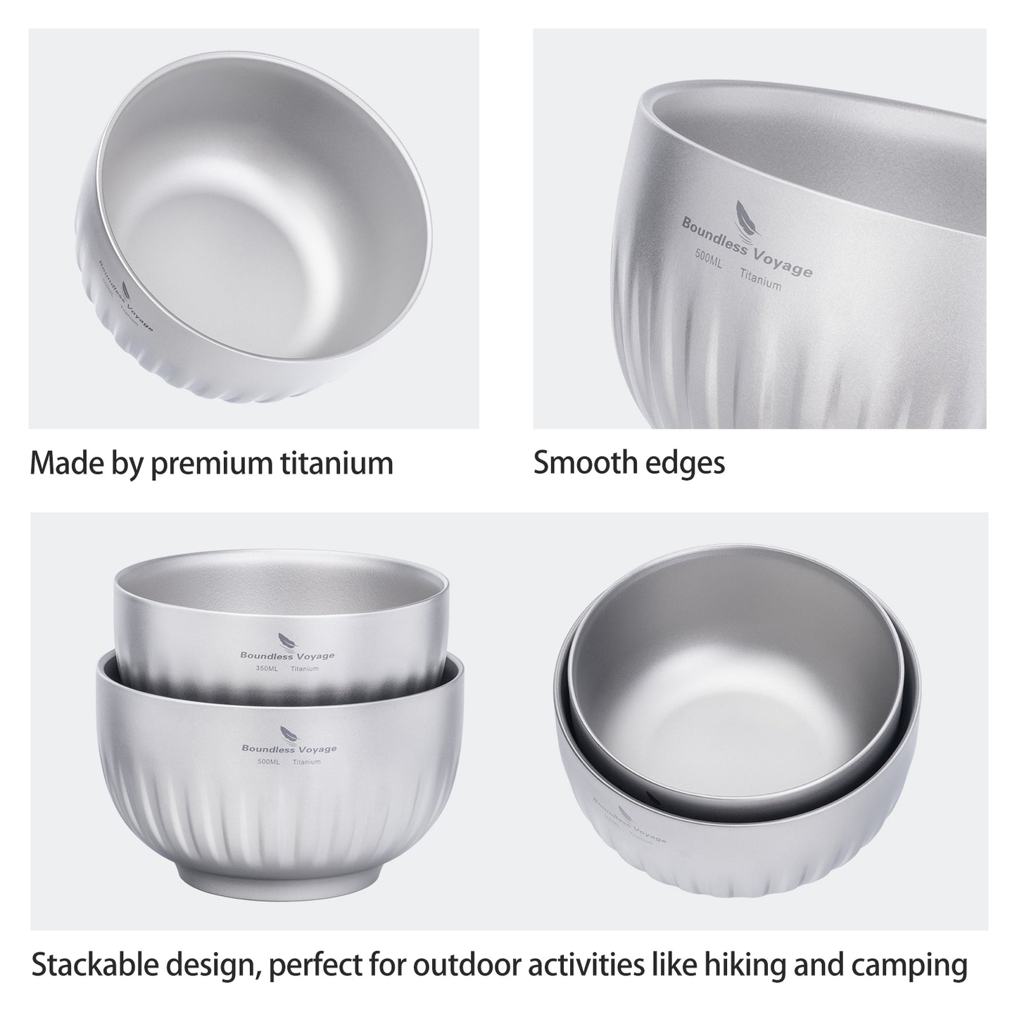 Boundless Voyage Double Walled Pure Titanium Bowl 350ml / 500ml | Ultralight Portable Metal Tableware for Oatmeal, Rice, Soup, Camping & Outdoor Use Ti1164T-Ti1166T