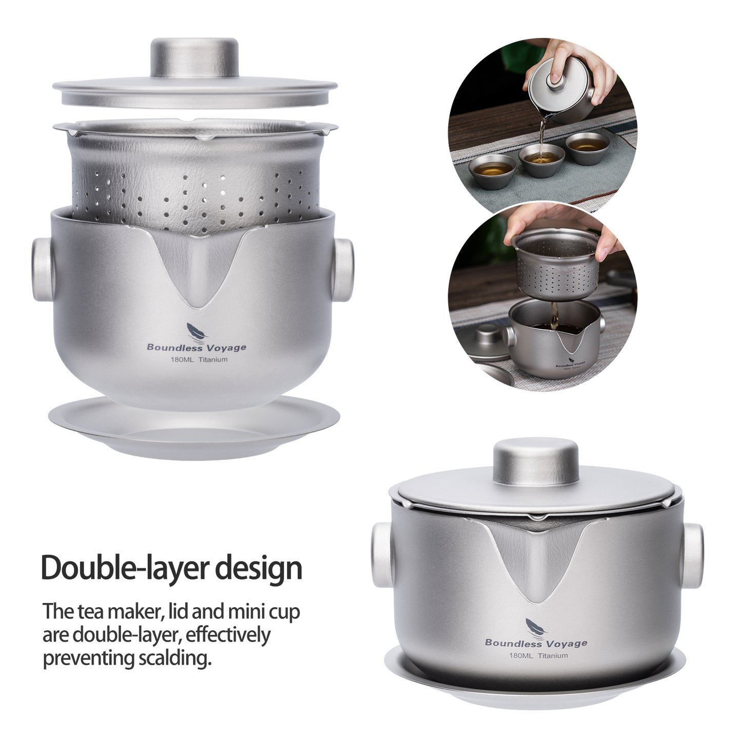 Boundless Voyage 180ml Sandblasted Finish Titanium Double-Layer Tea Maker with Lid Filter Ultralight Teapot with Double-Walled Anti-scalding Coffee Cup MugTi3136D / Ti3137D