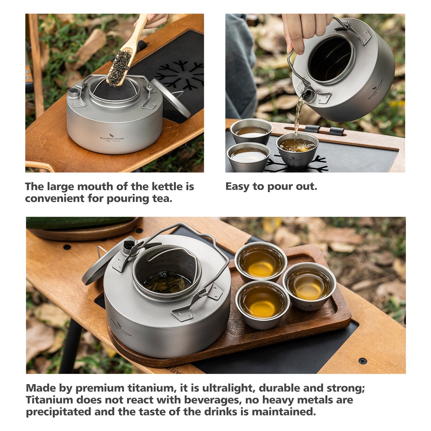 Boundless Voyage 700ml Ultralight Titanium Camping Kettle with Foldable Handle, Single-Layer Open Fire Bushcraft Water Pot Ti3103D / Ti3104D