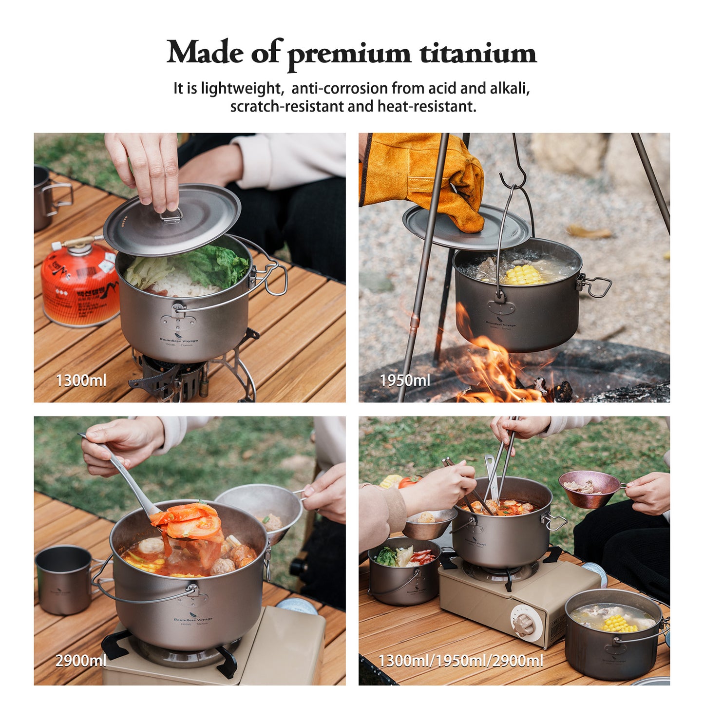 Boundless Voyage Titanium Hanging Pot for Outdoor Camping Backpacking Hiking Ultralight Portable Cooking Pot Camp Kitchen Cookware 1300ML/1950ML/2900ML Ti2043C-Ti2045C
