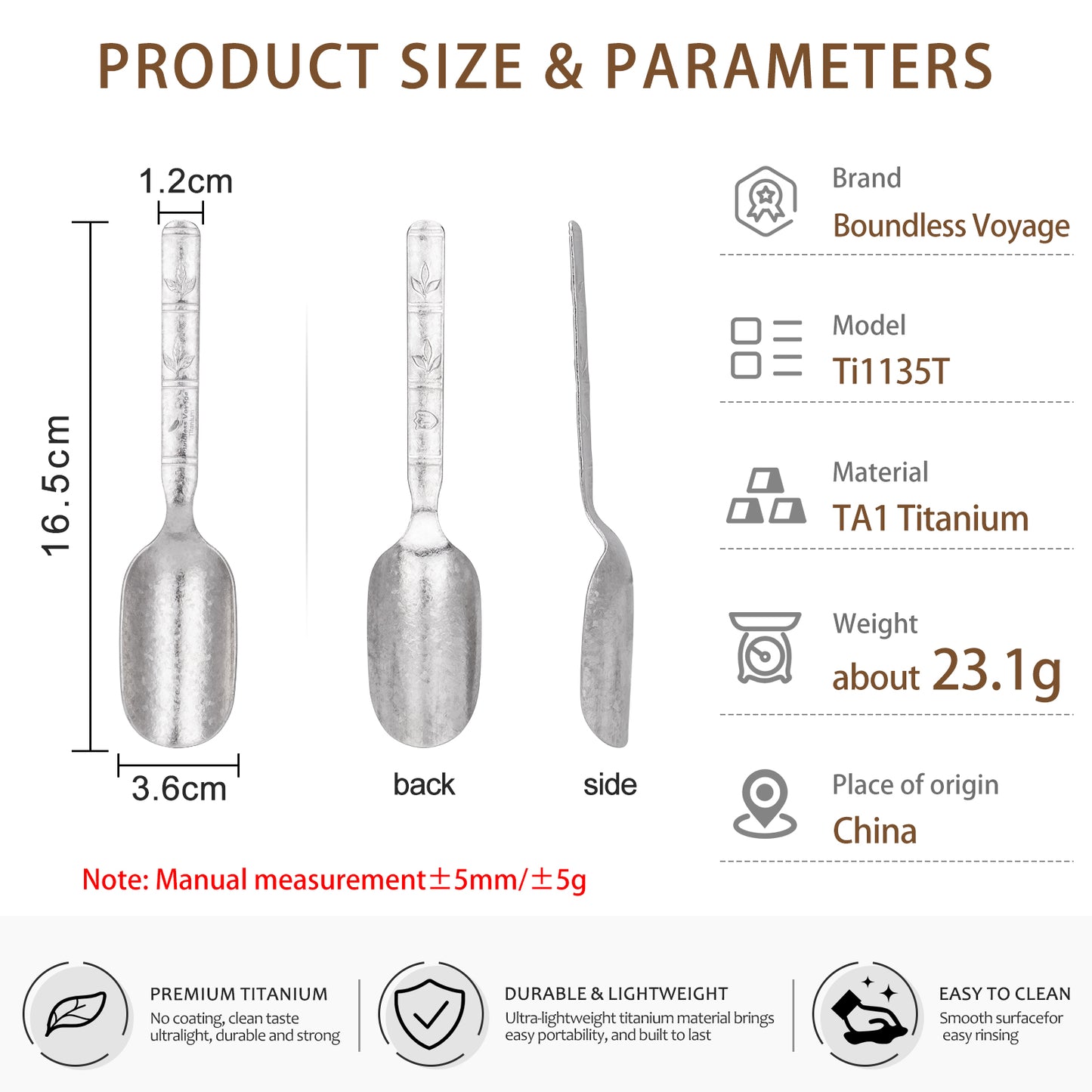 Boundless Voyage Titanium Tea Scoop, Lightweight Coffee Scoop for Camping Travel Home Outdoor Tableware with Carry Bag , Dishwasher Safe Ti1135T