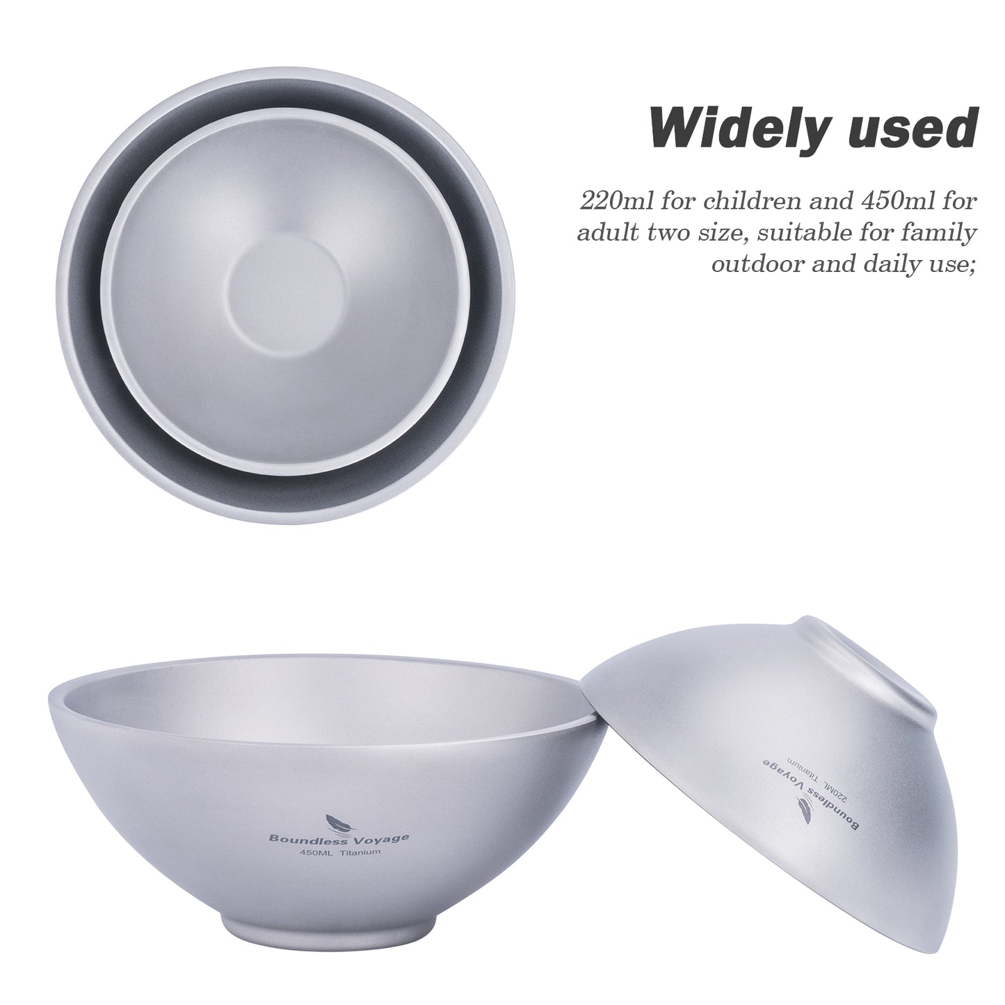 Boundless Voyage Titanium Double-Wall Bowl Set, 220ml & 450ml Nestable Anti-Scald for Family Camping Ti1085T Ti1086T