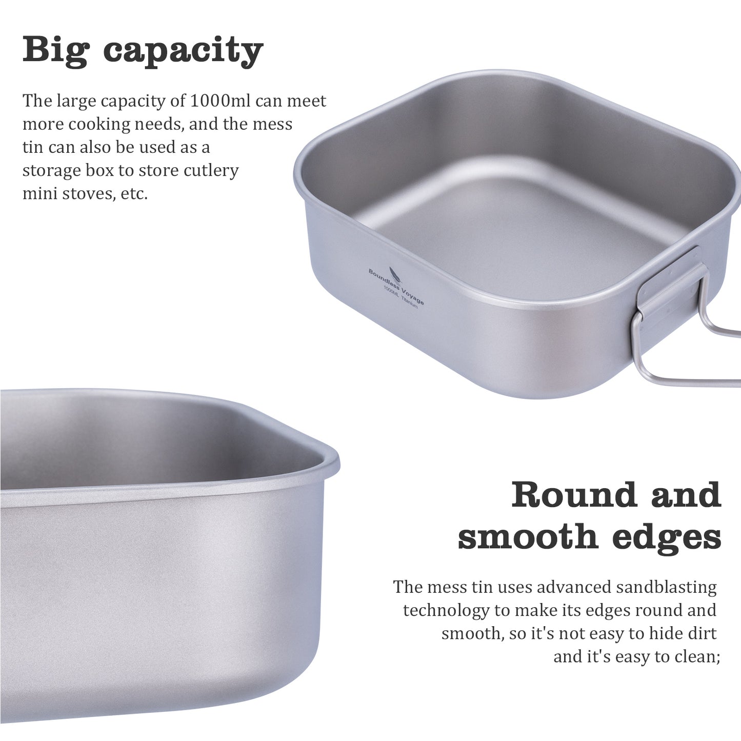 Boundless Voyage 1000ml Titanium Military Mess Tin with Lid & Folding Handle, Portable Bushcraft Cookware Multi-Purpose Lunch Box Bowl Pan for Outdoor Camping Ti2084C