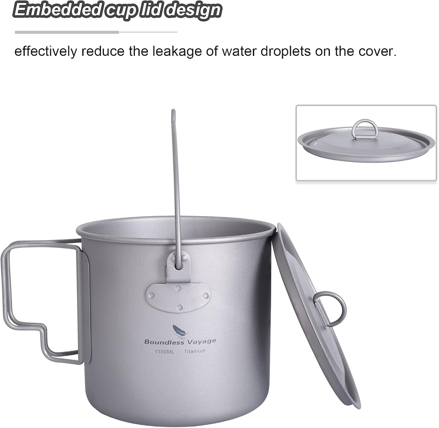 Boundless Voyage 1100ml Titanium Pot with Lid, Foldable Bail Handle Camping Cook Pot for Hiking Backpacking Ti3041D