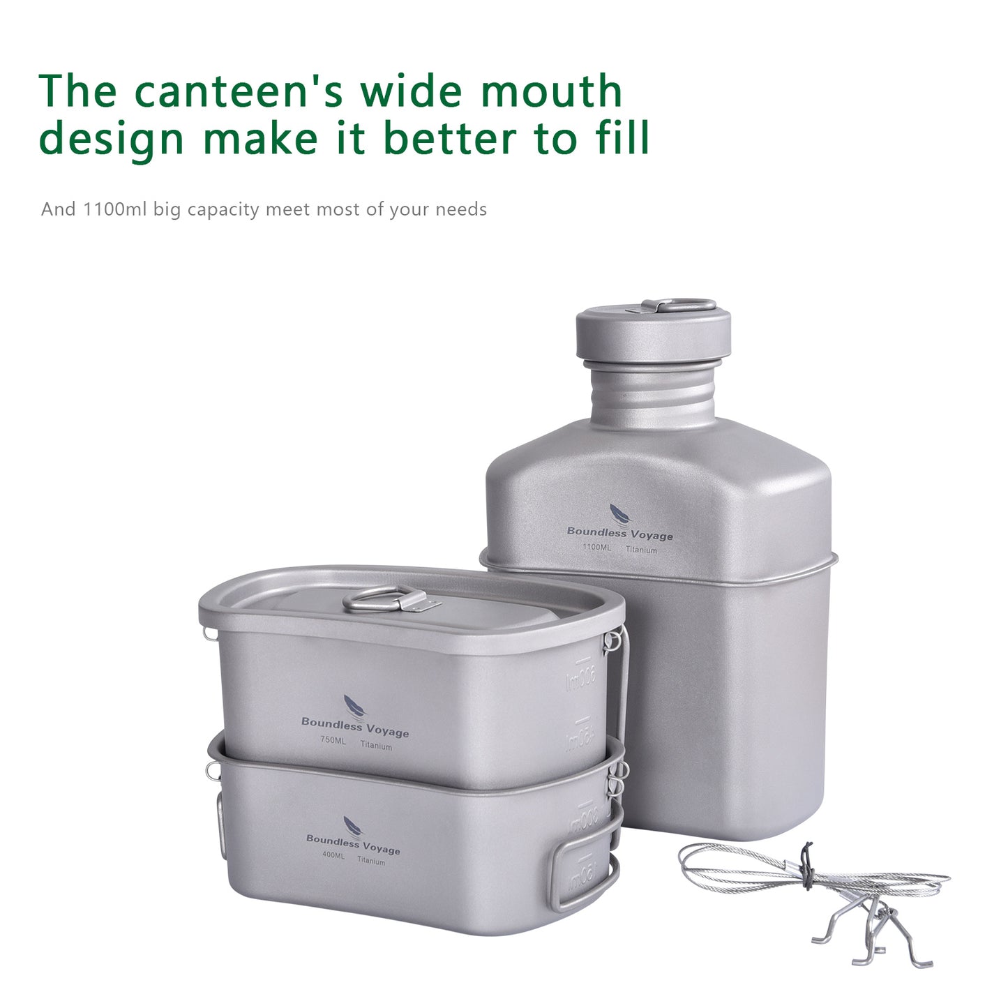 Boundless Voyage Titanium Military Canteen Cups Set Outdoor Camping Water Bottle Bowl Kettle Cooking Set Mess Kit Ti2047C-Ti2049C