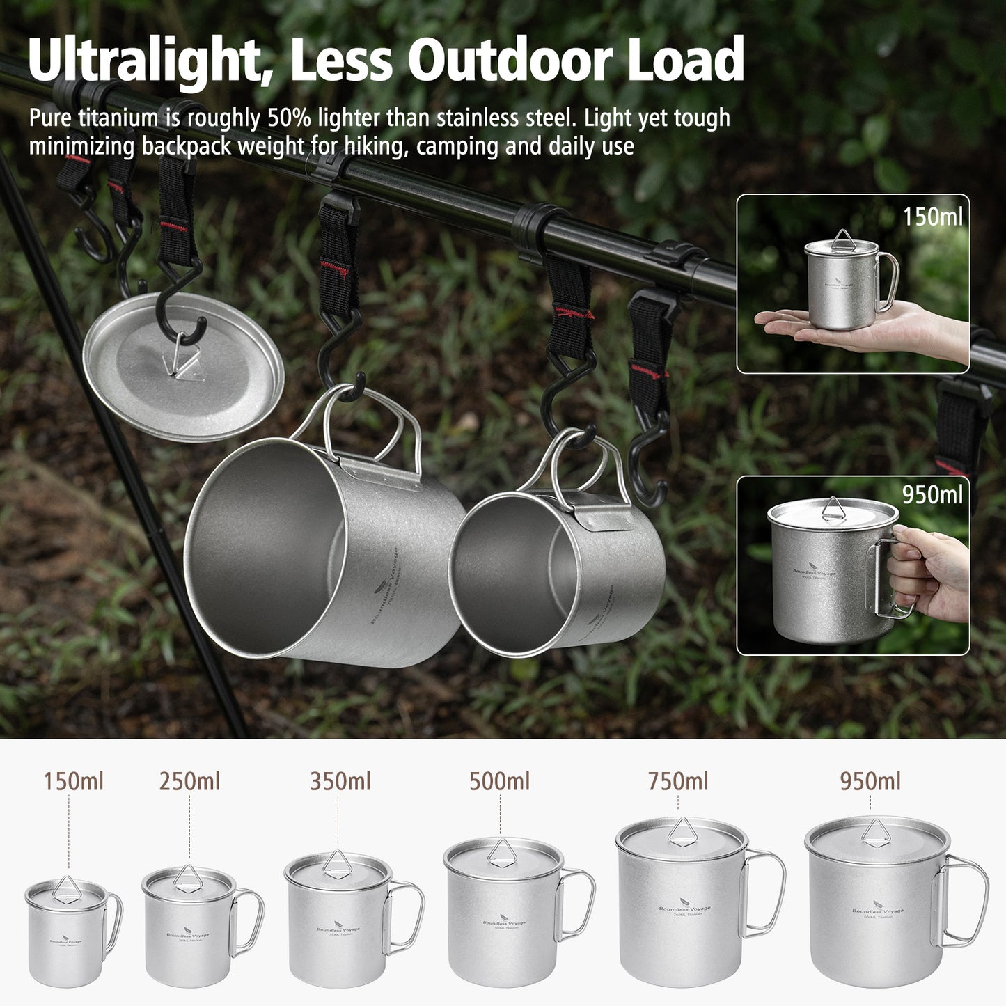 Boundless Voyage Titanium Mug with Lid Crystalline Finish 150ml to 950ml Ultralight for Camping Hiking Ti3038D Ti3043D