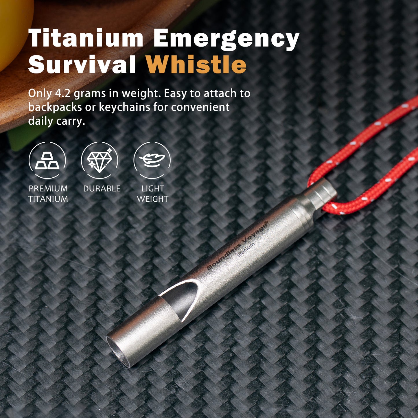 Boundless Voyage Titanium Emergency Survival Whistle, 120dB Super Loud Safety Signal Whistle with Lanyar, Portable EDC Gear for Camping Hiking Sports Coach Training Ti9010O