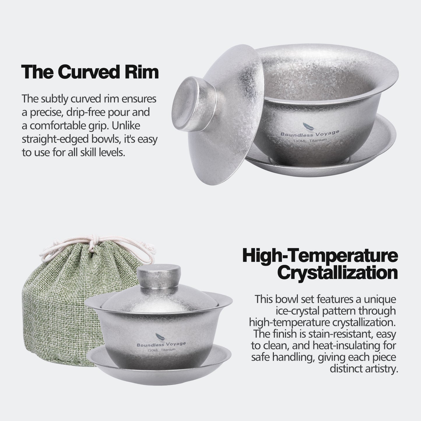 Boundless Voyage 130ml High-Temp Crystalline Finish Double Wall Titanium Gaiwan, Ultralight Three-Talent Kung Fu Tea Bowl, Anti-Scald Tea Set for Home Tea Ceremony & Camping Ti3144D