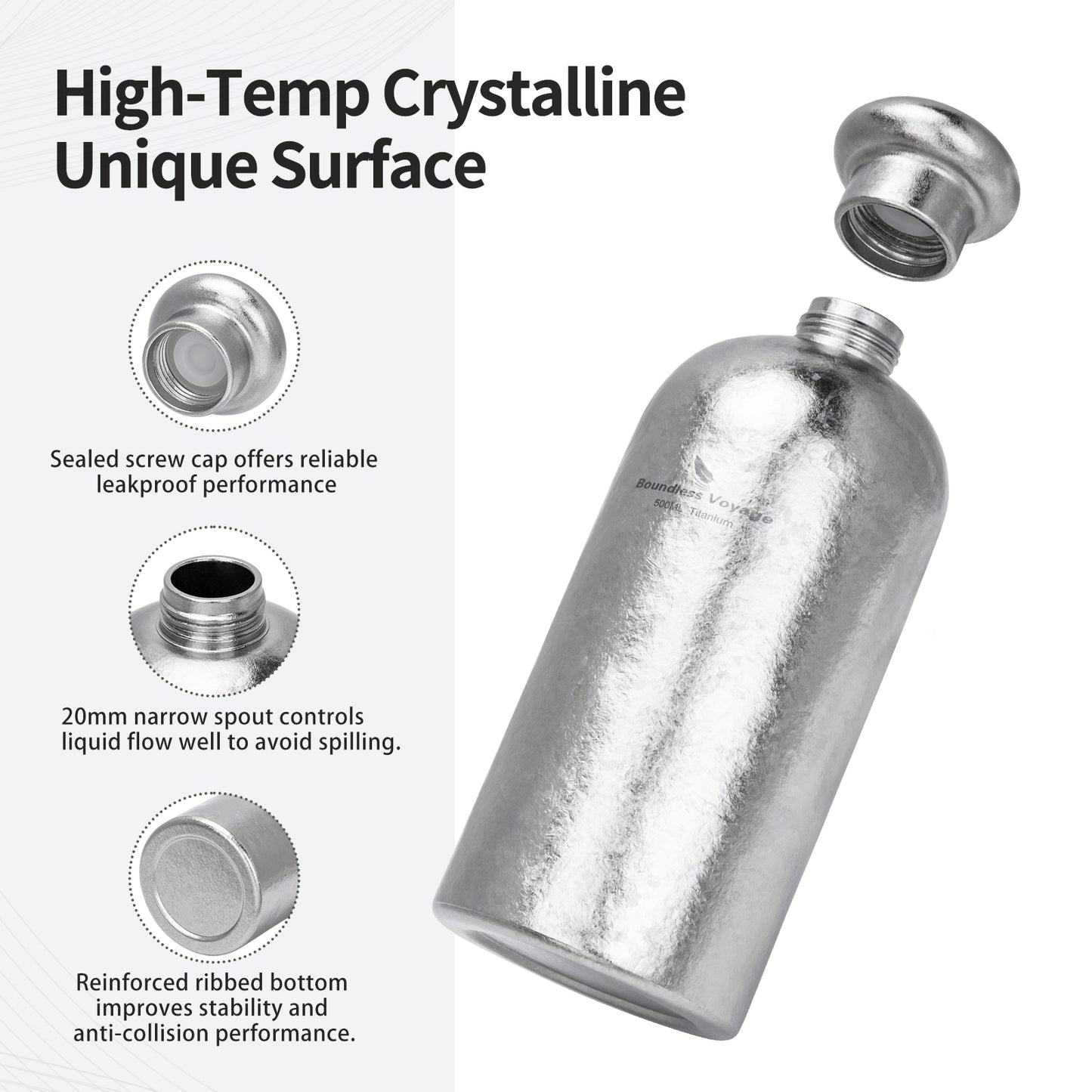 Boundless Voyage 500ml Coating-Free Titanium Flask bottle, Leakproof Narrow Mouth Portable Liquor Bottle for Travel Camping Hiking Ti3268A