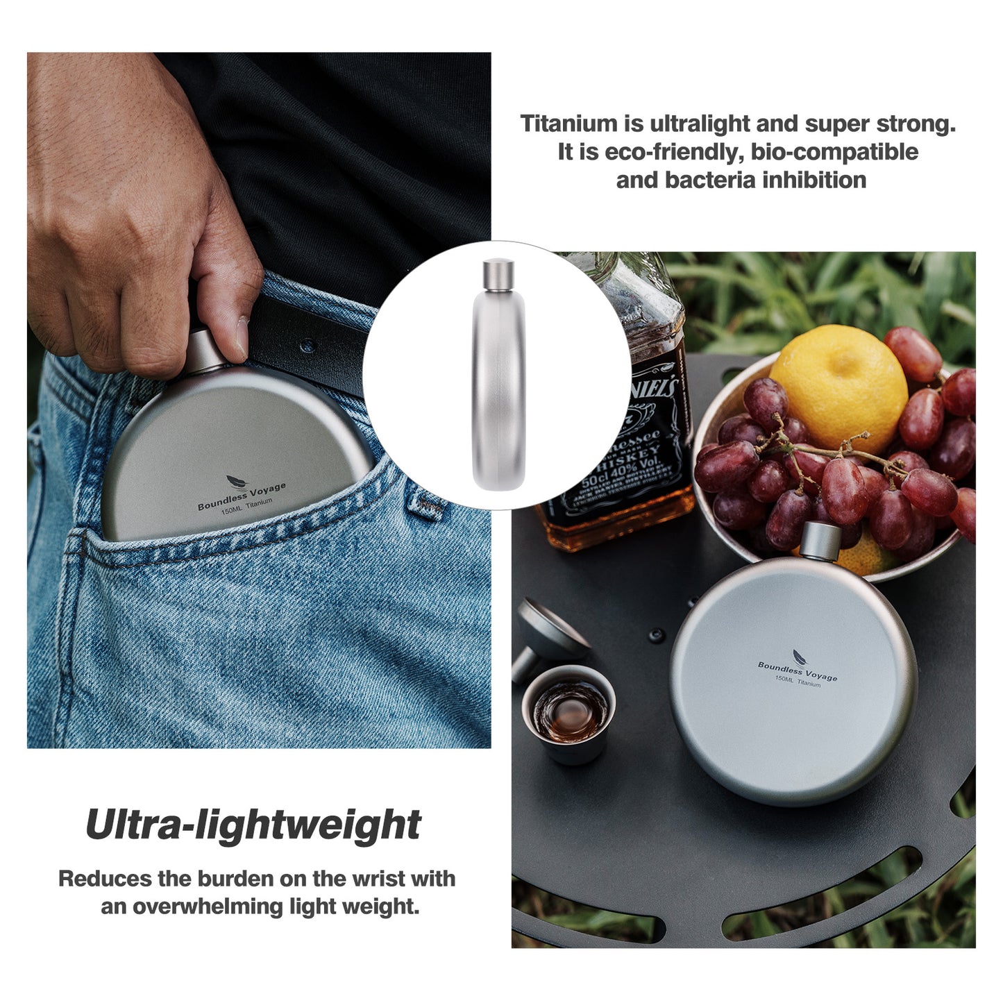 Boundless Voyage Titanium Ultralight Hip Flask 150ml Portable Wine Bottle with Funnel Camping Picnic Pocket Whiskey Alcohol Drinkware Accessories Ti3065D-Ti3066D