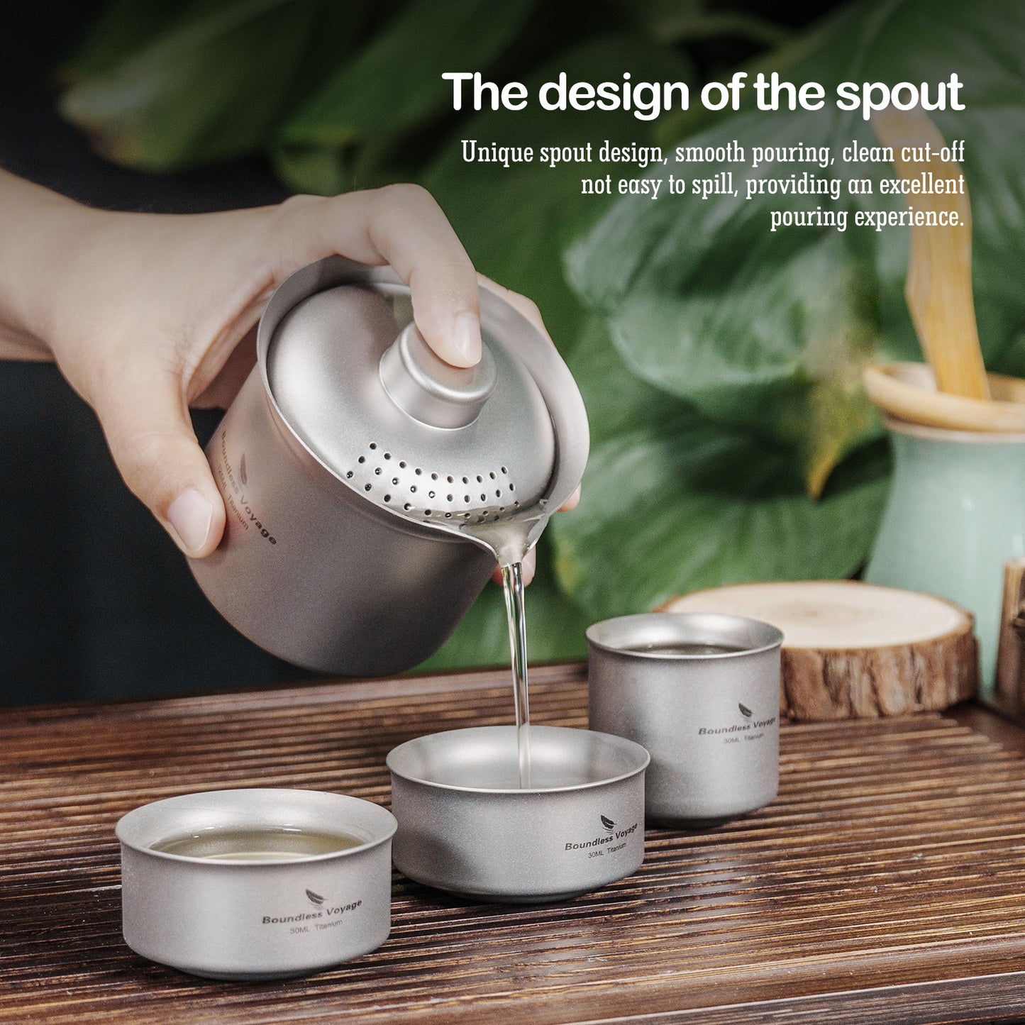 Boundless Voyage Titanium Double-Layer Tea Maker Set, Comes with 3Pcs 30ml Mini Tea Cups, Ultralight Portable Complete Tea Set for Outdoor Camping Travel Tea Brewing Ti3149D