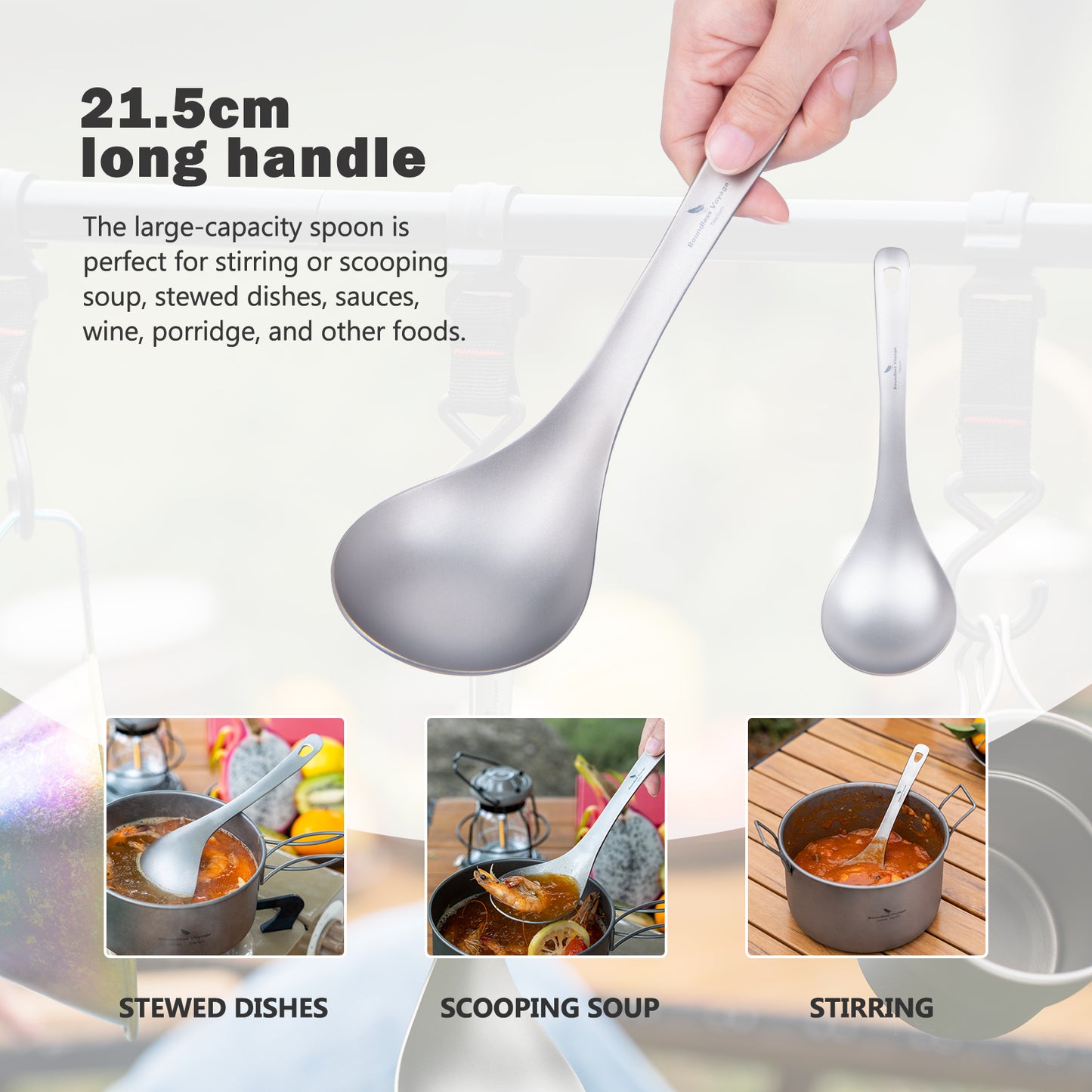 Boundless Voyage Thickened Pure Titanium Long Handle Ladle | Deep Bowl Soup Scoop for Porridge, Stew & Sauce, Kitchen & Camping Cooking Utensil Ti1038T