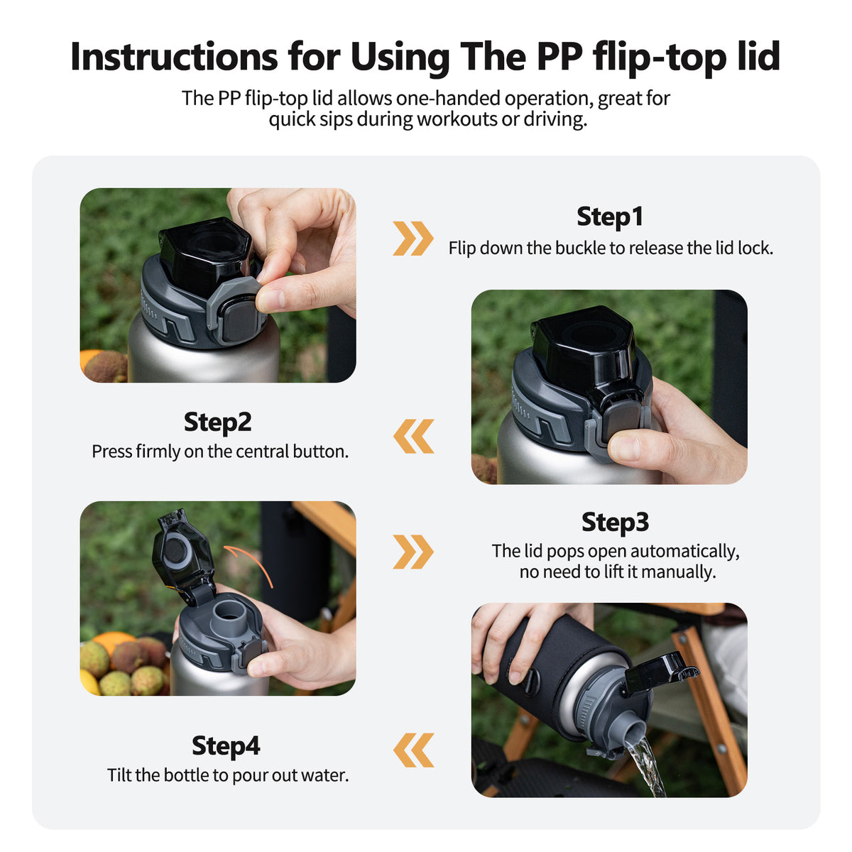Four-step instructions for using the one-handed push-button PP flip-top lid