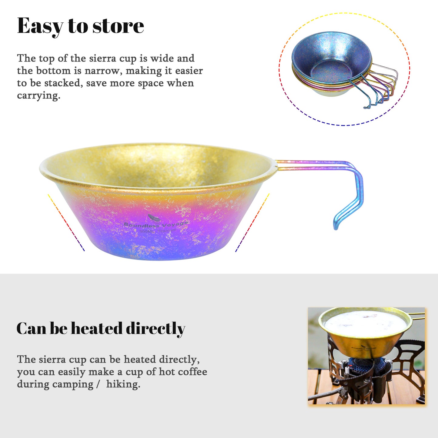 Boundless Voyage High-Temp Crystallized Pure Titanium Sierra Cup Bowl with Handle 300ml | Portable Outdoor Mug Cookware Tableware for Camping & Hiking Ti1100T