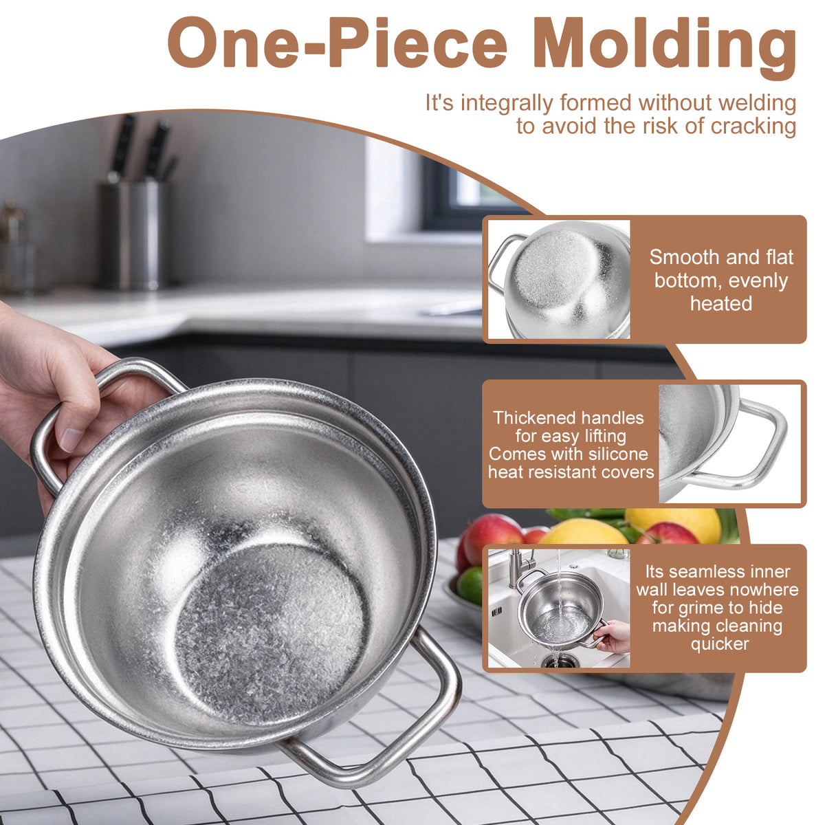 One-piece seamless molding construction of Boundless Voyage 1.2L titanium pot showing easy clean interior and flat bottom