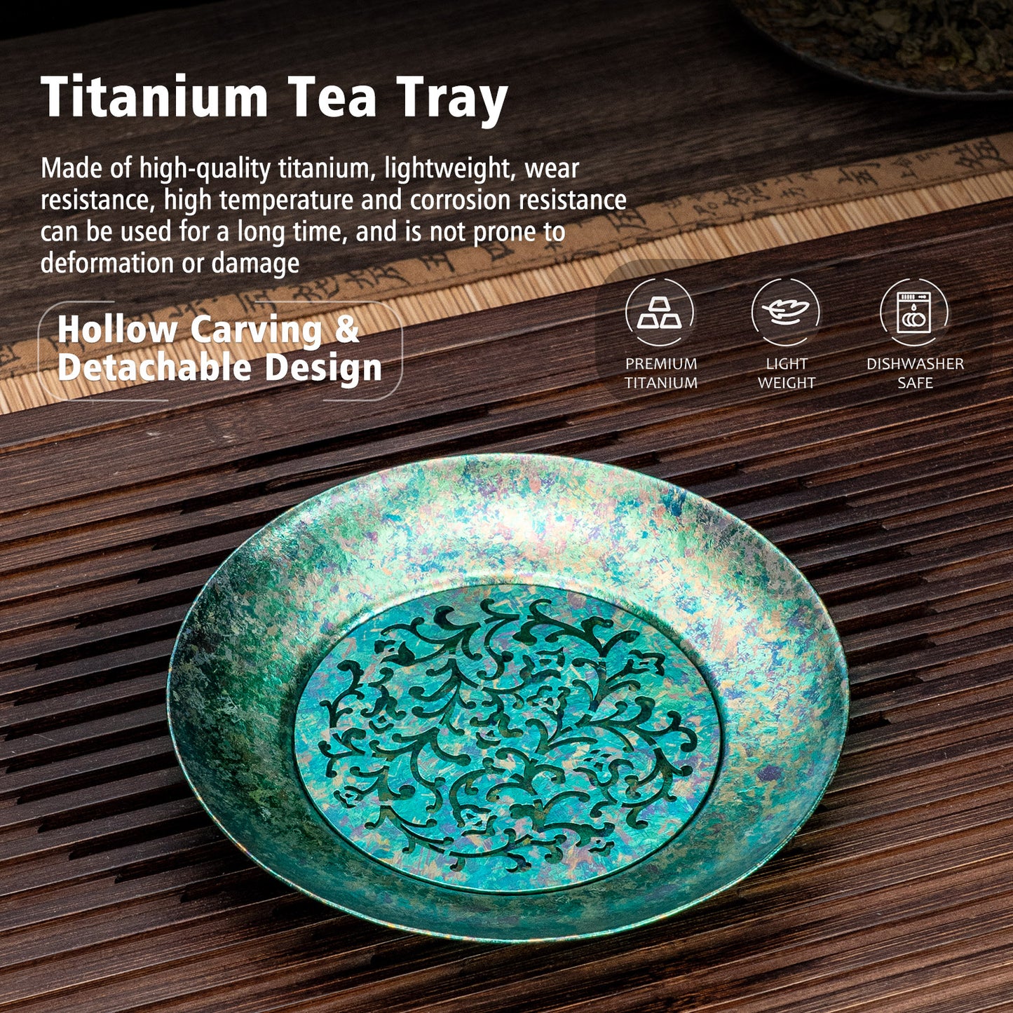 Boundless Voyage Titanium Tea Tray, Hollow Out Detachable Heat Insulation Anti-scald, Multipurpose Water Storage Drain Tray for Kung Fu Tea Home Kitchen Office Camping Ti3201D