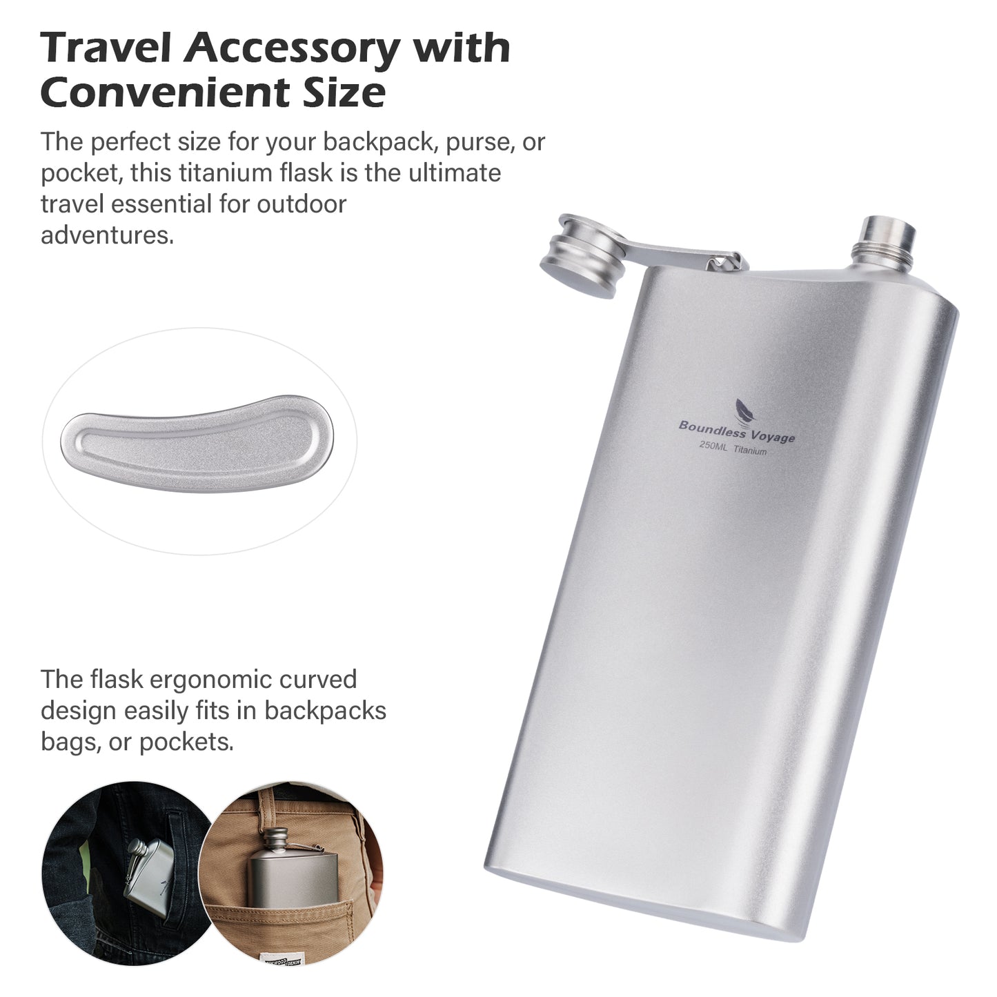 Boundless Voyage Titanium Flask 200ml/250ml Ultralight & Durable Camping Essential - Flavor-Resistant Flask Bottle for Whiskey Vodka Wine Outdoor Travel Equipment Ti3261D/Ti3074D