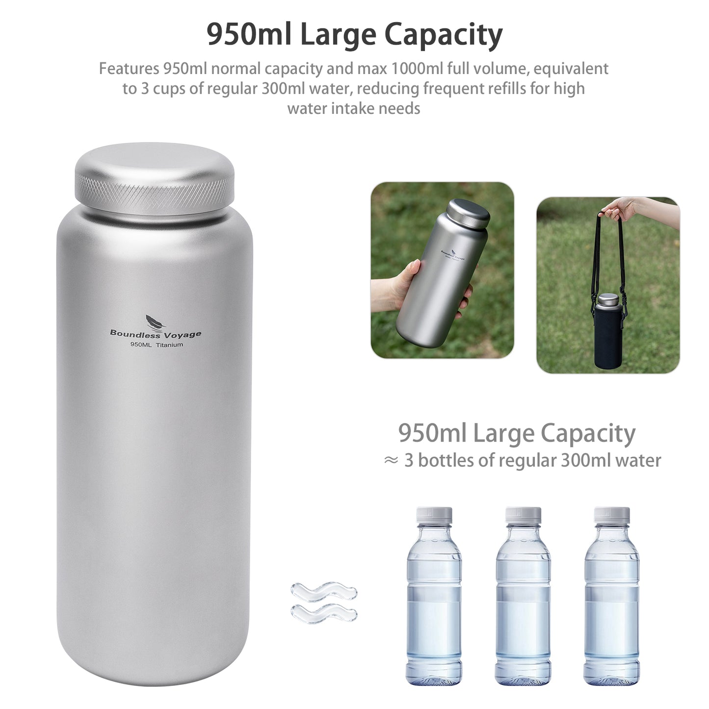 Boundless Voyage 950ml Titanium Water Bottle with Dual Lids, Wide Mouth Single-Wall Canteen for Hiking Camping Sport Ti3018D