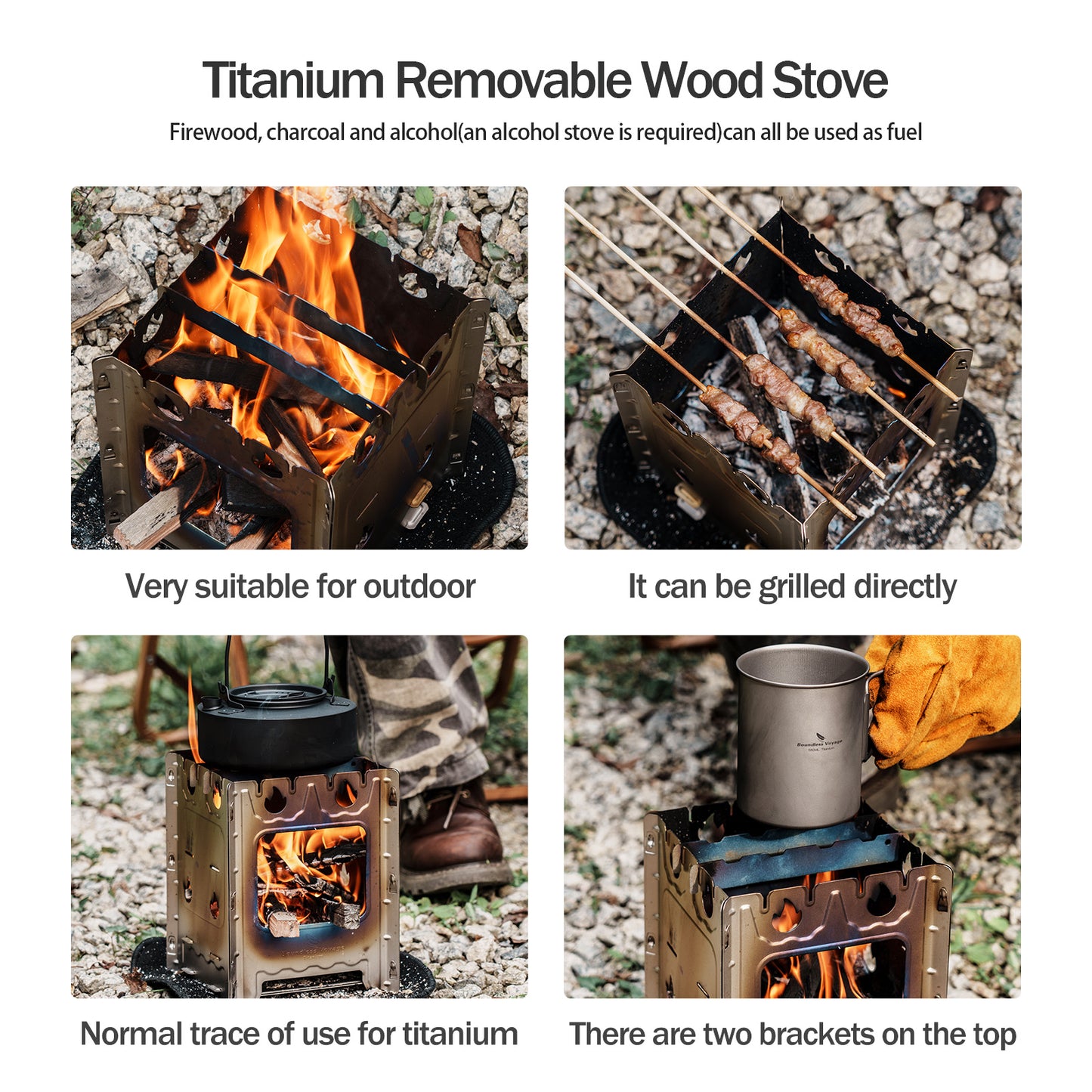 Boundless Voyage Detachable Titanium Wood Stove | Ultralight Thickened Charcoal Burner with Removable Pot Holder, Portable Outdoor Camping Furnace  Ti2008C