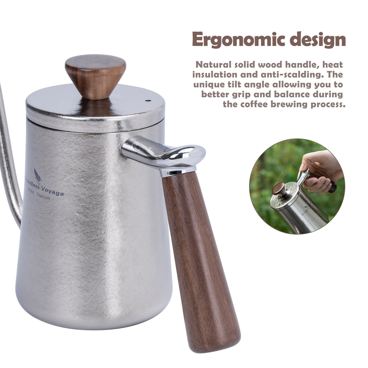 Boundless Voyage 300ml Titanium Pour Over Coffee Kettle with Wood Handle, Precision Gooseneck Spout Mini Coffee Tea Pot, Ultralight Portable Brew Gear for Home Barista, Office, Camping & Hiking Travel Ti3091D