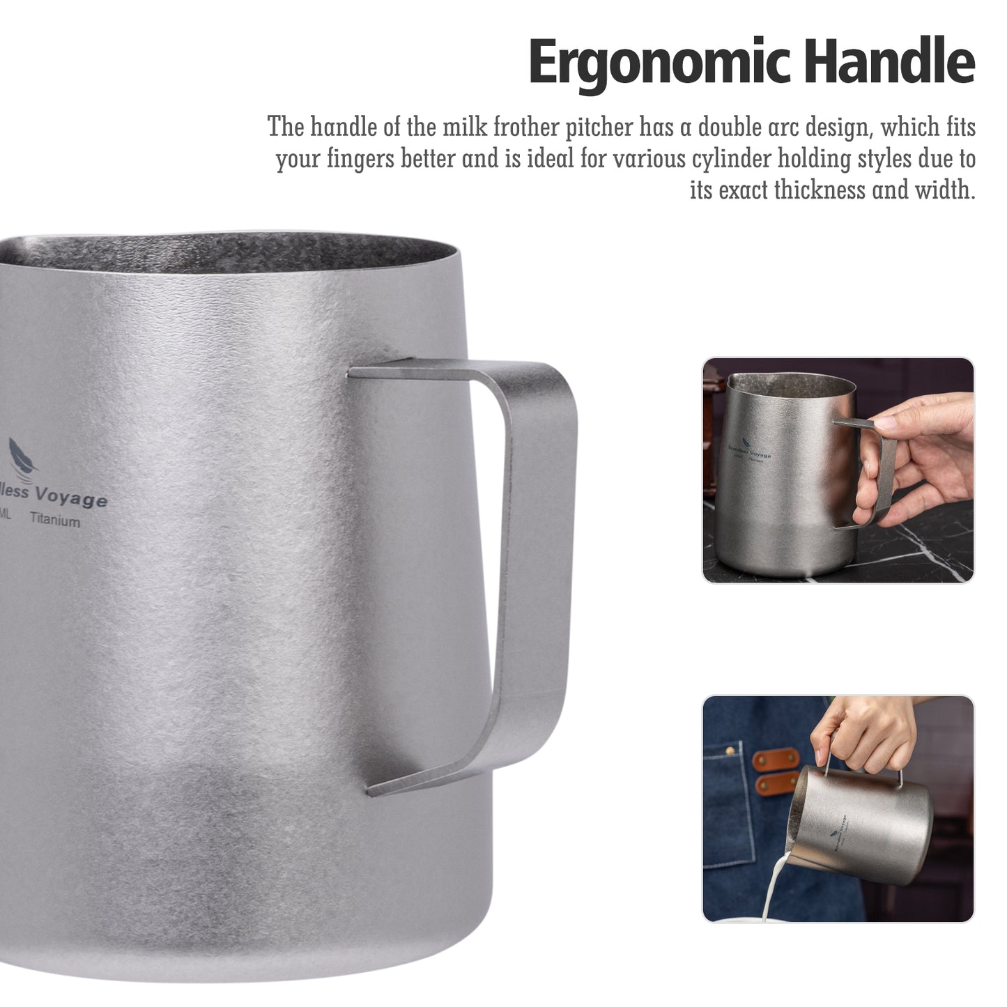 Boundless Voyage 600ml Pure Titanium Milk Frothing Pitcher, Espresso Steam Jug with Round Spout, Barista Latte Art Coffee Cup Ti3239D