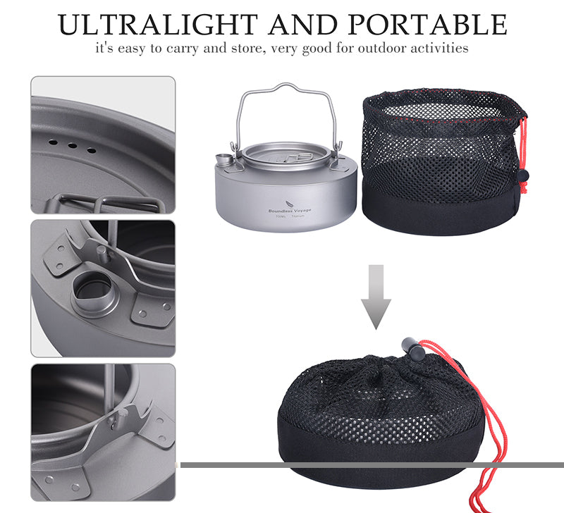 Boundless Voyage Titanium 700ml Kettle with Folding Handle Outdoor Camping Ultralight Portable Teakettle Teapot Ti3100D