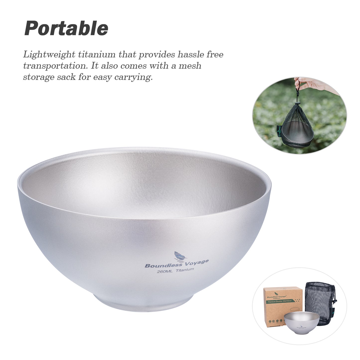 Boundless Voyage 260ml Titanium Double-Wall Bowl, Ultralight Anti-Scald Camping Bowl for Hiking Outdoor Home Ti1081T