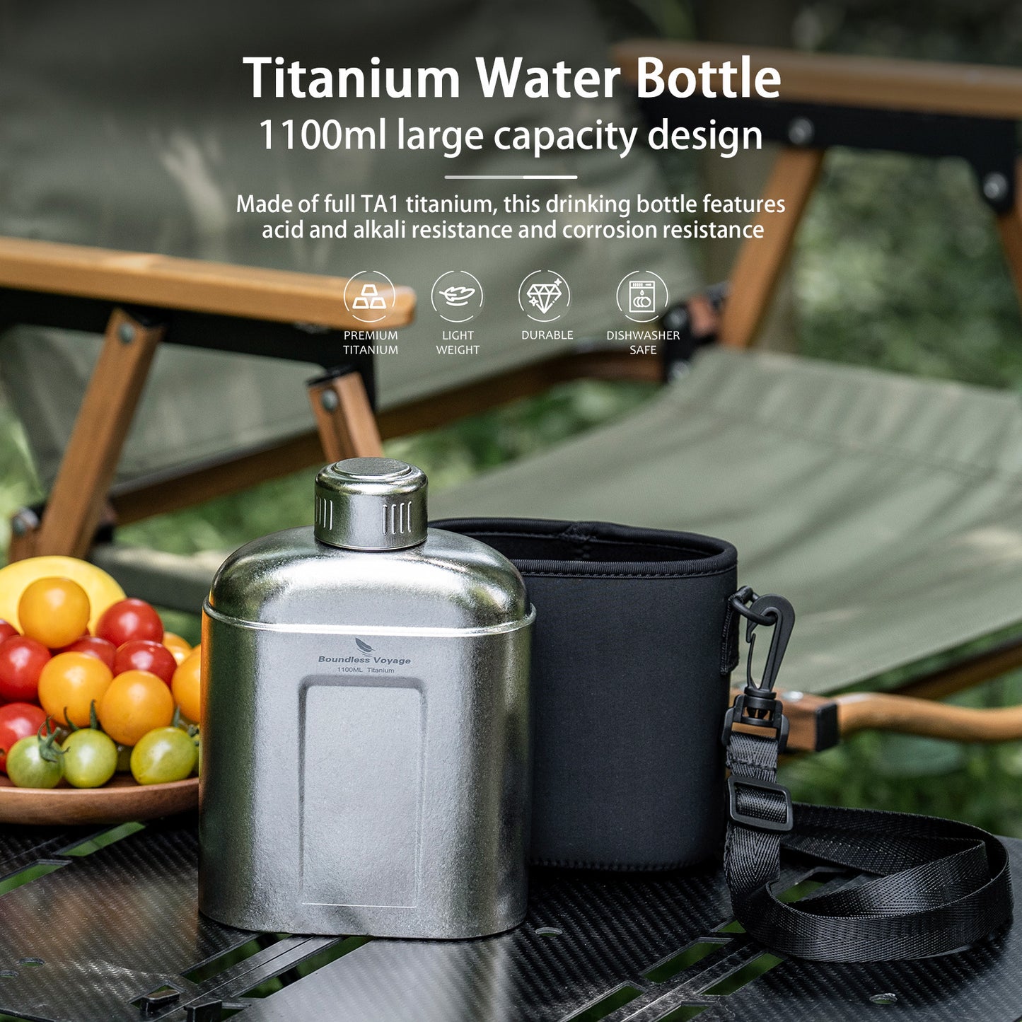 Boundless Voyage 1100ml TA1 Pure Titanium Canteen Bottle | Single Layer Open Flame Heatable Water Flask, Leakproof Double Wall Lid Military Outdoor Bottle with Crossbody Sleeve Ti3012D
