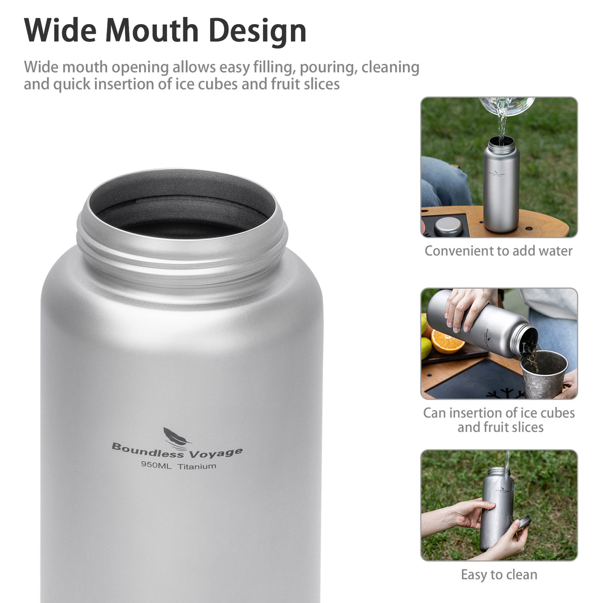 950ml titanium water bottle with wide 59.7mm mouth