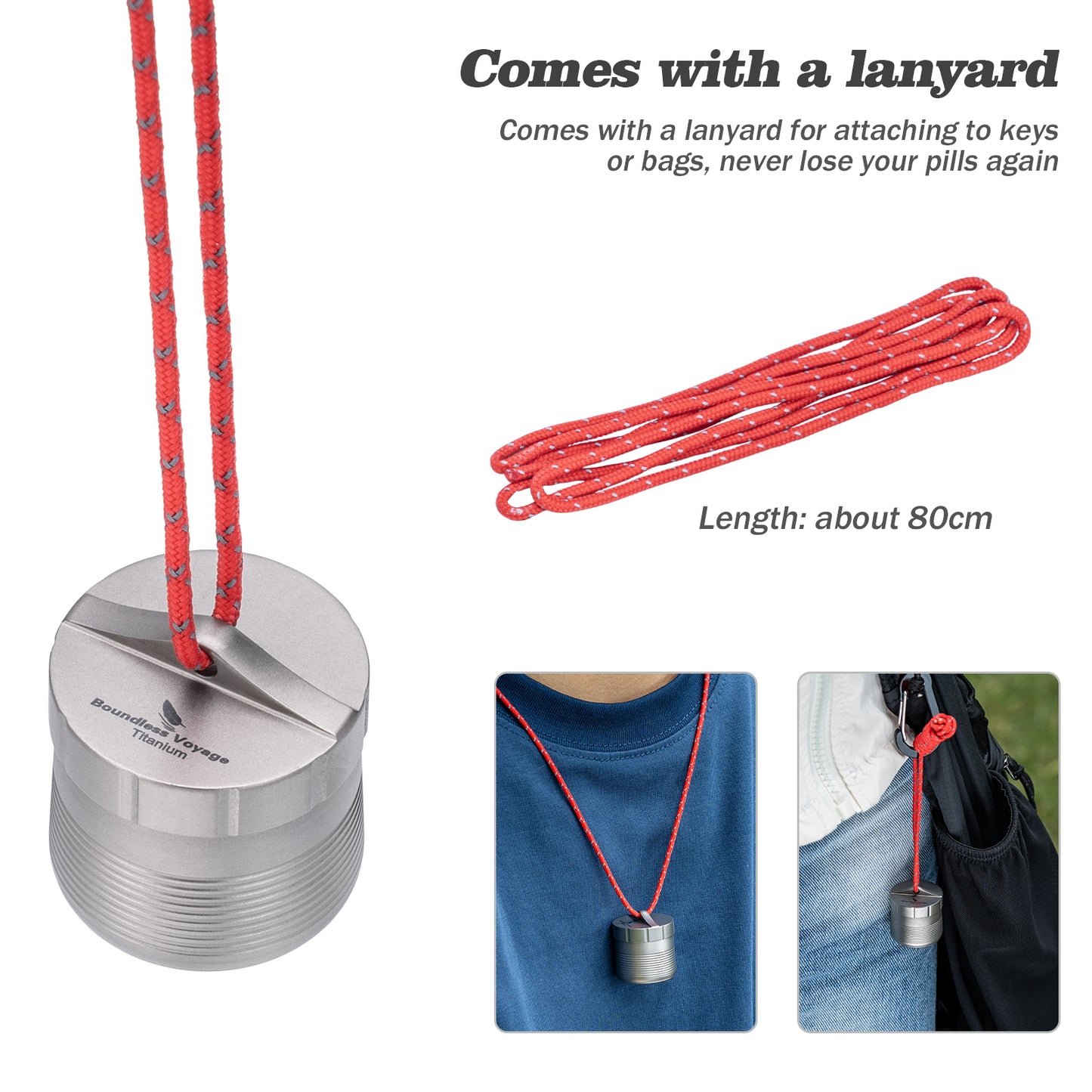 Boundless Voyage Titanium Pill Container, Waterproof Portable Pill Box, Lightweight Mini Pill Holder for Travel, Outdoor, Daily Use, Airtight Pill Case for Medication, Vitamins, Supplements, with Lanyard Ti9007O