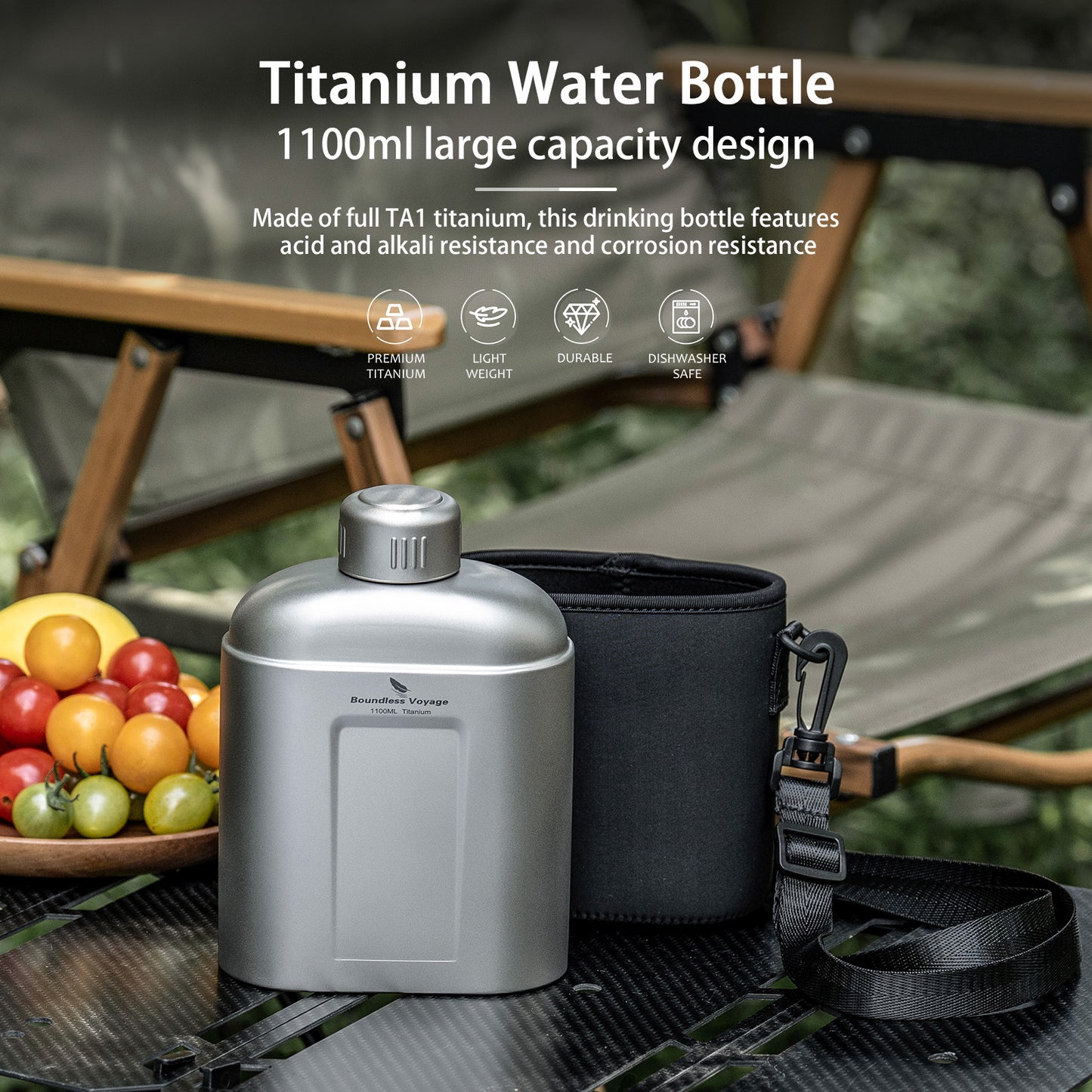 Boundless Voyage 1100ml TA1 Pure Titanium Canteen Bottle | Single Layer Open Flame Heatable Water Flask, Leakproof Double Wall Lid Military Outdoor Bottle with Crossbody Sleeve Ti3012D