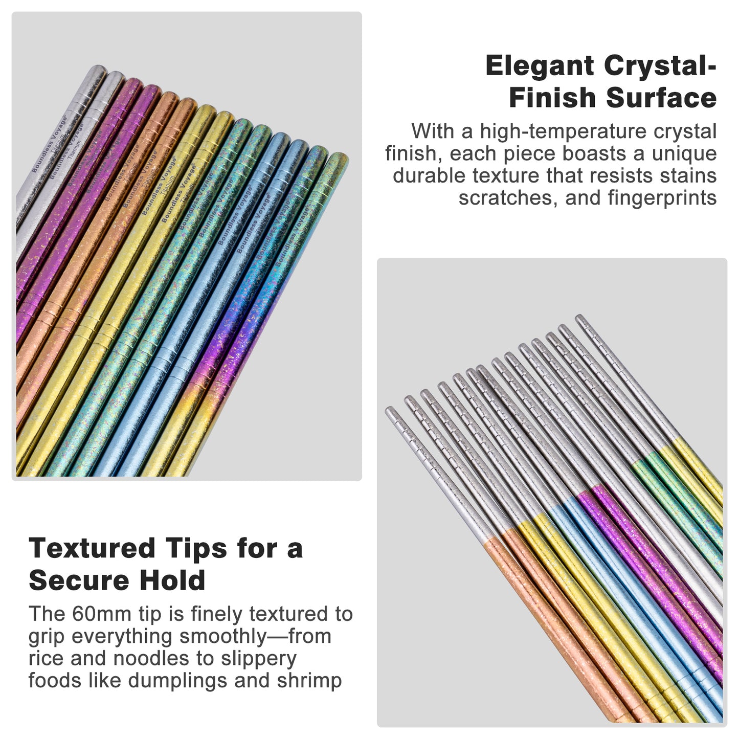 Boundless Voyage 8 Pairs Colorful Pure Titanium Chopsticks | Ultralight Non-Slip Reusable Tableware for Rice, Noodles, Tofu & Meatballs, Camping, Hiking & Daily Home Use Ti1006T