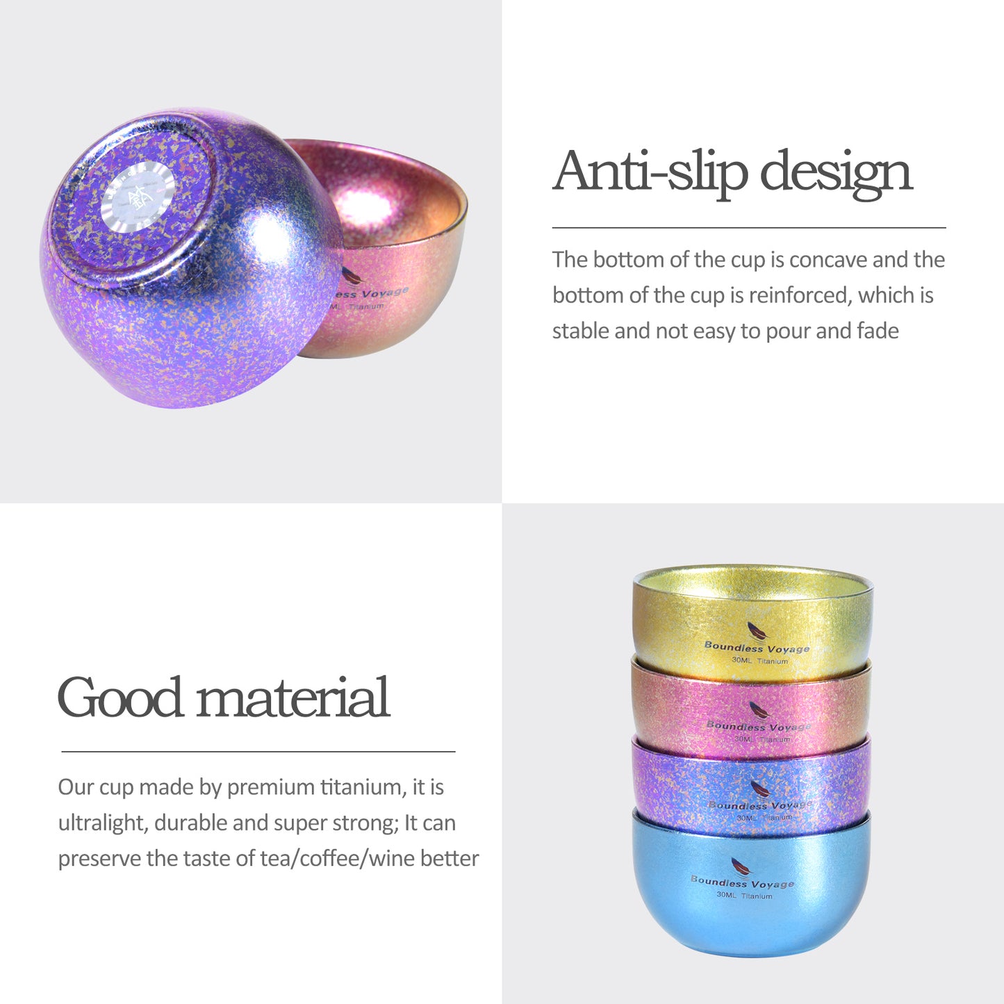 Boundless Voyage 30ml Double Wall Colorful Titanium Tea Cup, Anti-Scald Wide Mouth Mini Mug for Tea Wine Travel Camping Ti3082D