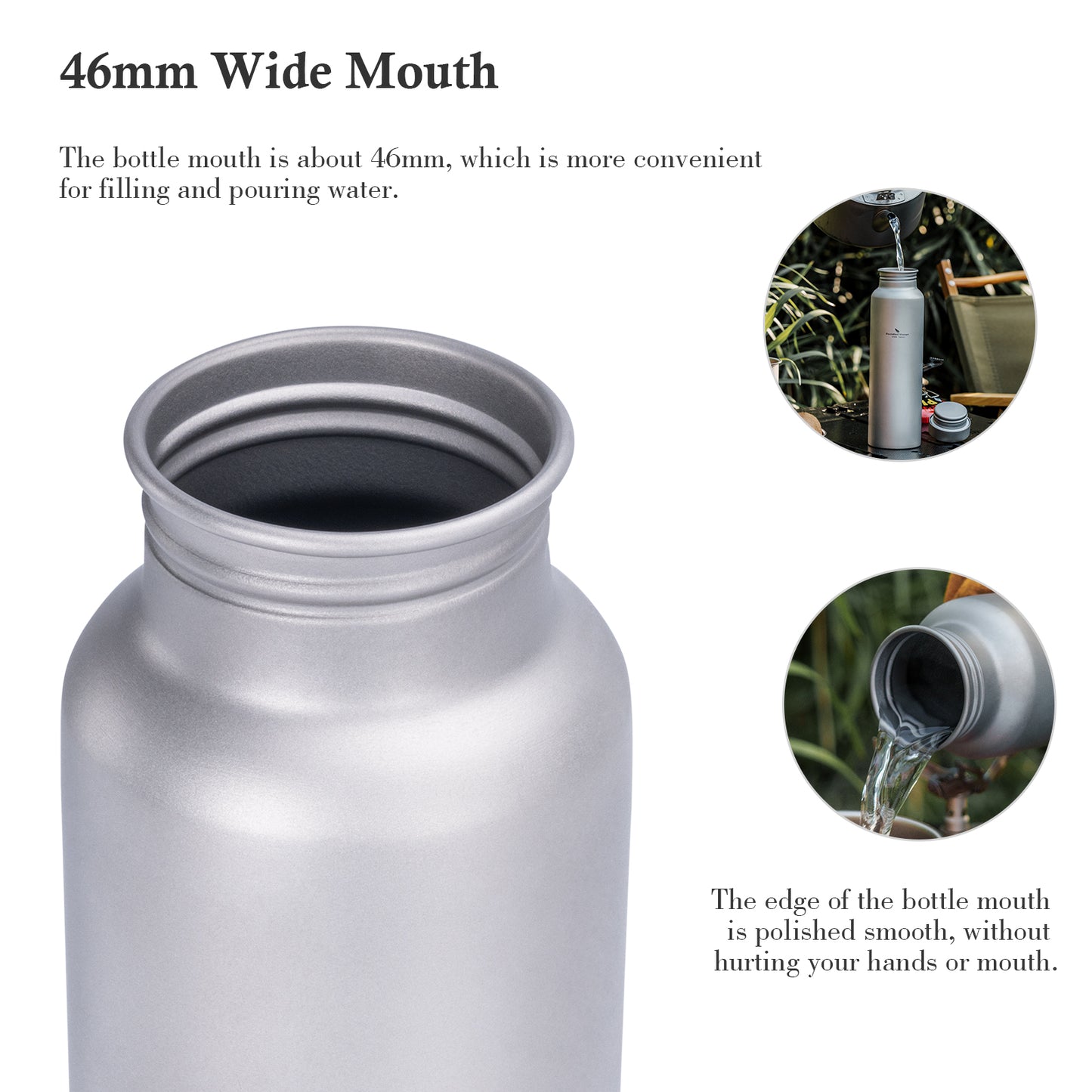 Boundless Voyage Titanium Sport Bottle 800ml with Leakproof Lid & Hook Camping Cycling Drinking Wide Mouth Single Layer Bottle Outdoor Travel Water Flask Pot Ultra-light 172g Ti3003D
