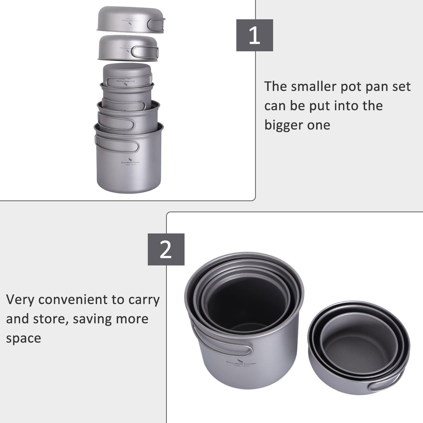 Boundless Voyage Ultralight Pure Titanium Cooking Set Folding Handle | Portable Outdoor Cooking Gear for Backpacking Hiking Picnic Travel Ti2050C-Ti2052C