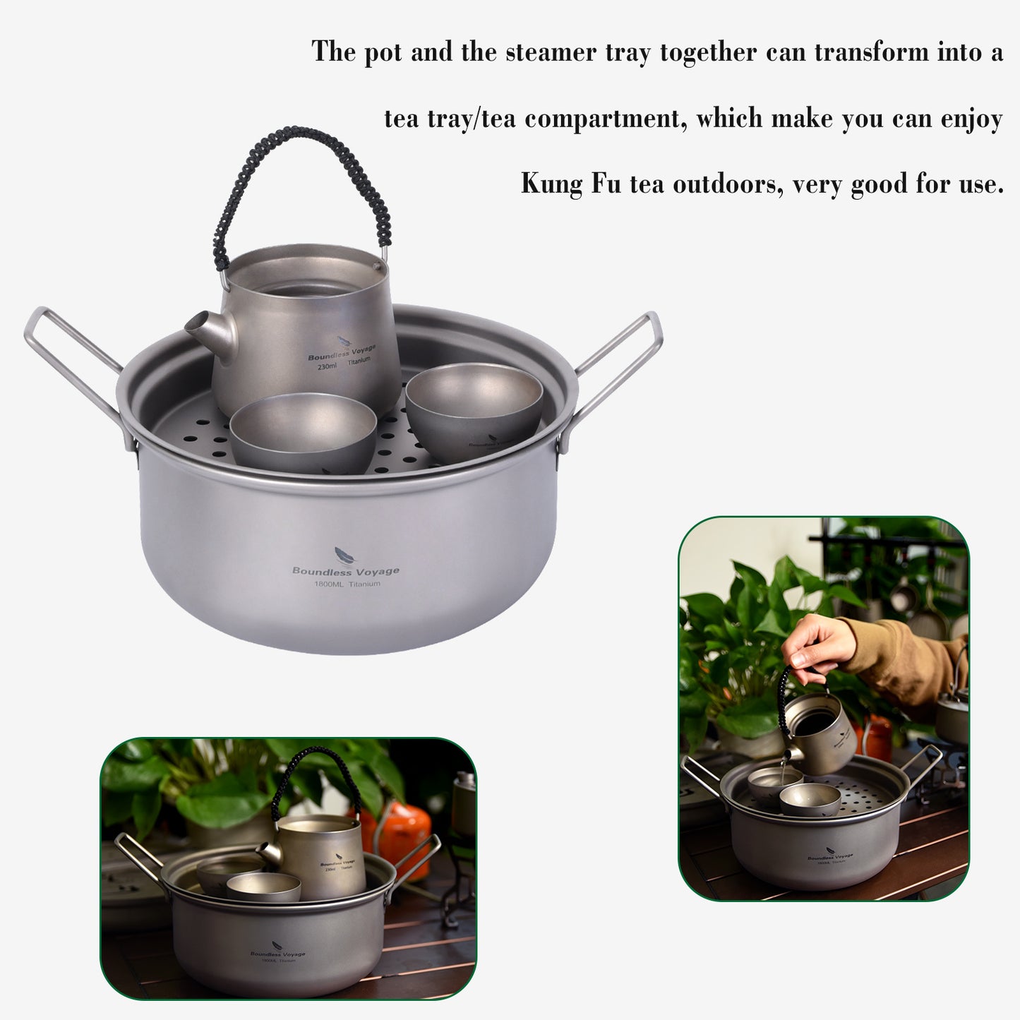 Boundless Voyage 1800ml Titanium Stockpot Steamer Set with Lid, Ultralight Outdoor Soup Pan Mess Kit for Camping, Stovetop & Campfire Use Ti2058C