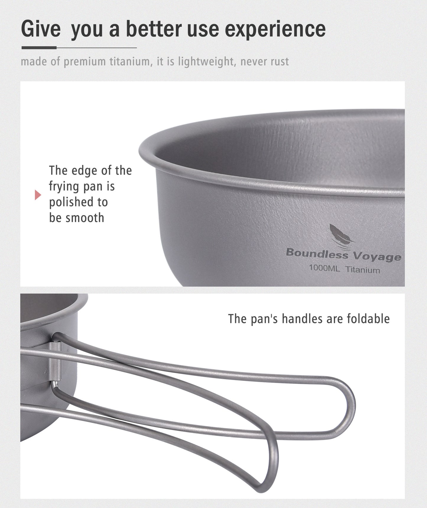 Boundless Voyage Pure Titanium Frying Pan with Lid & Foldable Handles | Ultralight Portable Griddle Cookware for Hiking & Backpacking Ti2065C