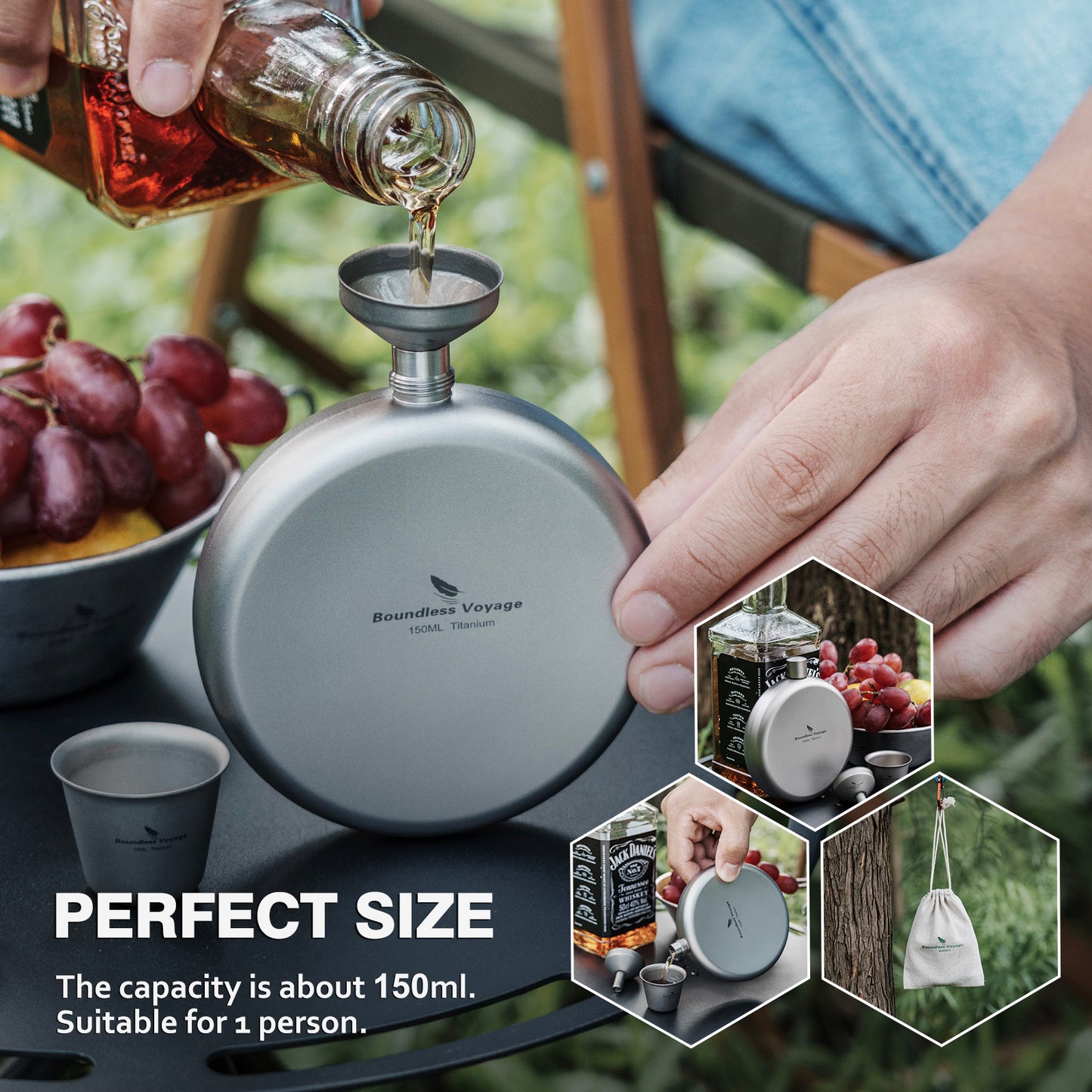 Boundless Voyage Titanium Ultralight Hip Flask 150ml Portable Wine Bottle with Funnel Camping Picnic Pocket Whiskey Alcohol Drinkware Accessories Ti3065D-Ti3066D