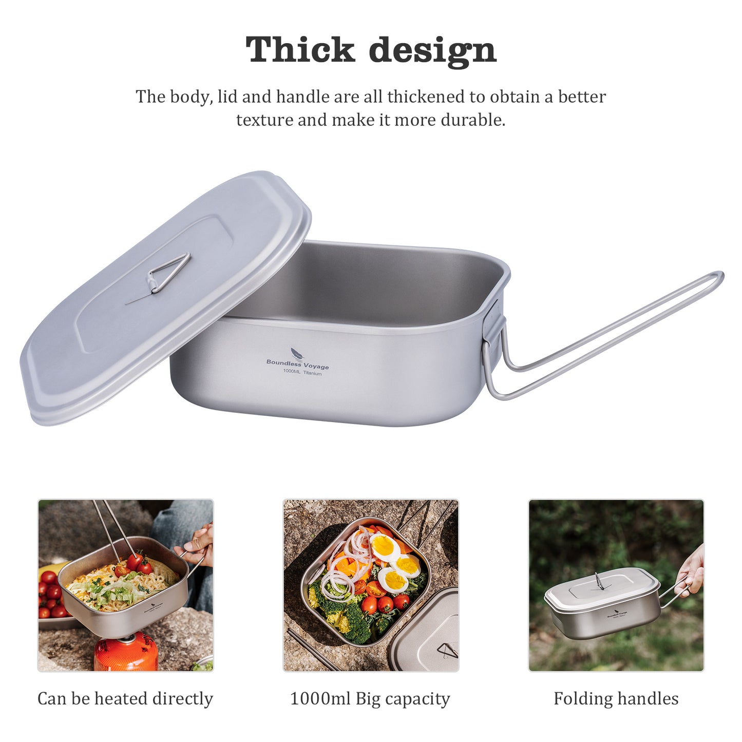 Boundless Voyage 1000ml Titanium Military Mess Tin with Lid & Folding Handle, Portable Bushcraft Cookware Multi-Purpose Lunch Box Bowl Pan for Outdoor Camping Ti2084C