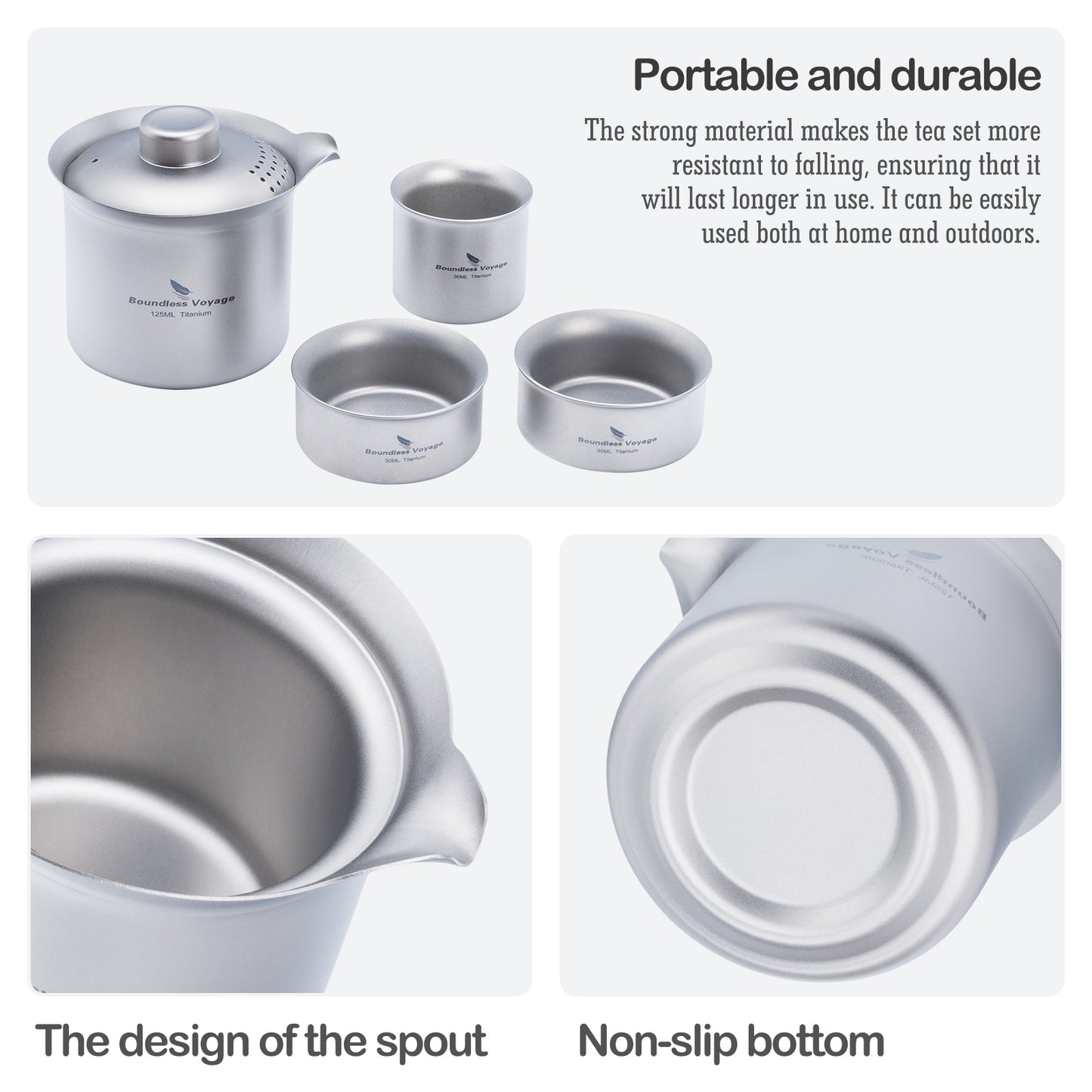 Boundless Voyage Titanium Double-Layer Tea Maker Set, Comes with 3Pcs 30ml Mini Tea Cups, Ultralight Portable Complete Tea Set for Outdoor Camping Travel Tea Brewing Ti3149D