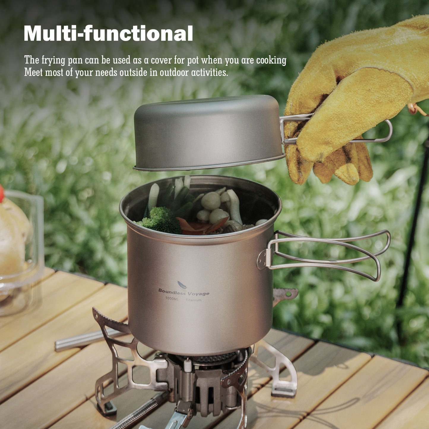 Boundless Voyage Outdoor Titanium Pot with Pan Set with Collapsible Folding Handle for Outdoor Camping Cooking Hiking Backpacking Portable Cookware Ti2037C-Ti2039C