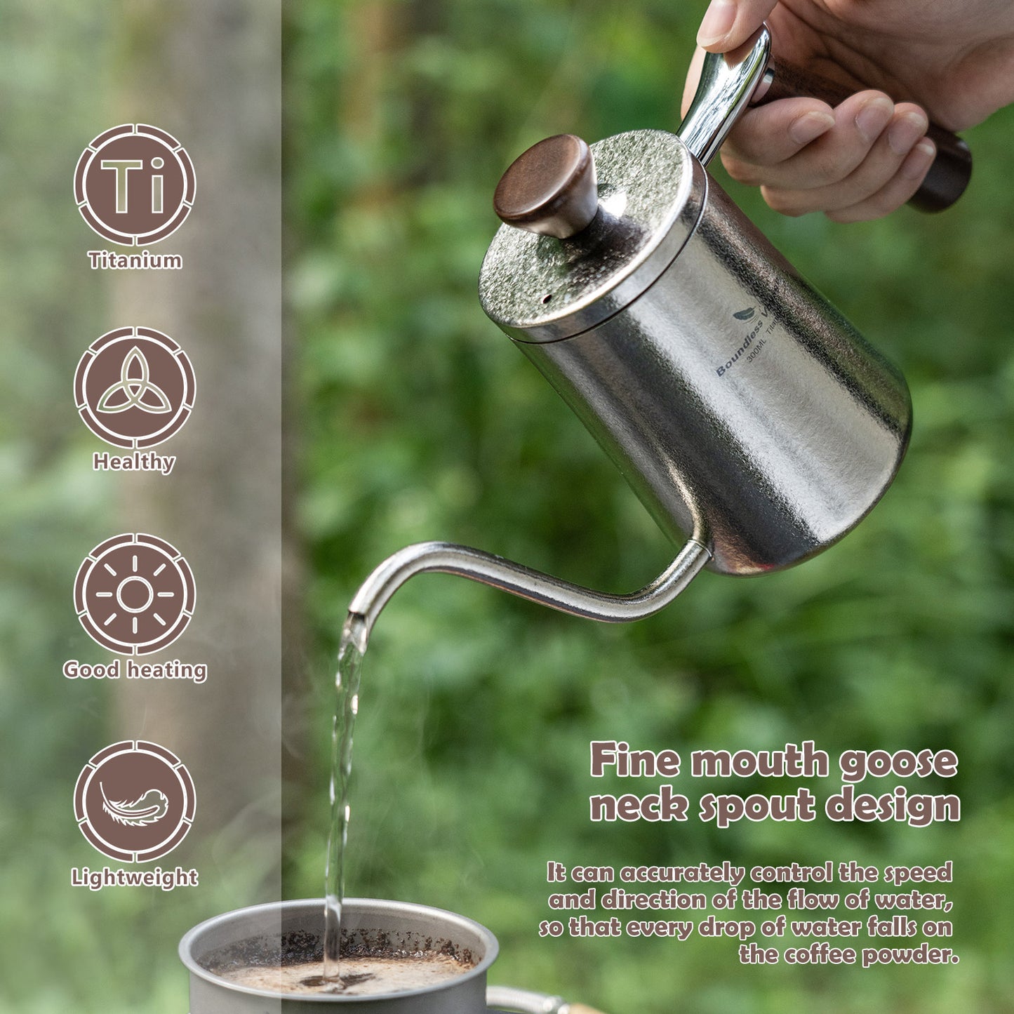 Boundless Voyage 300ml Titanium Pour Over Coffee Kettle with Wood Handle, Precision Gooseneck Spout Mini Coffee Tea Pot, Ultralight Portable Brew Gear for Home Barista, Office, Camping & Hiking Travel Ti3091D