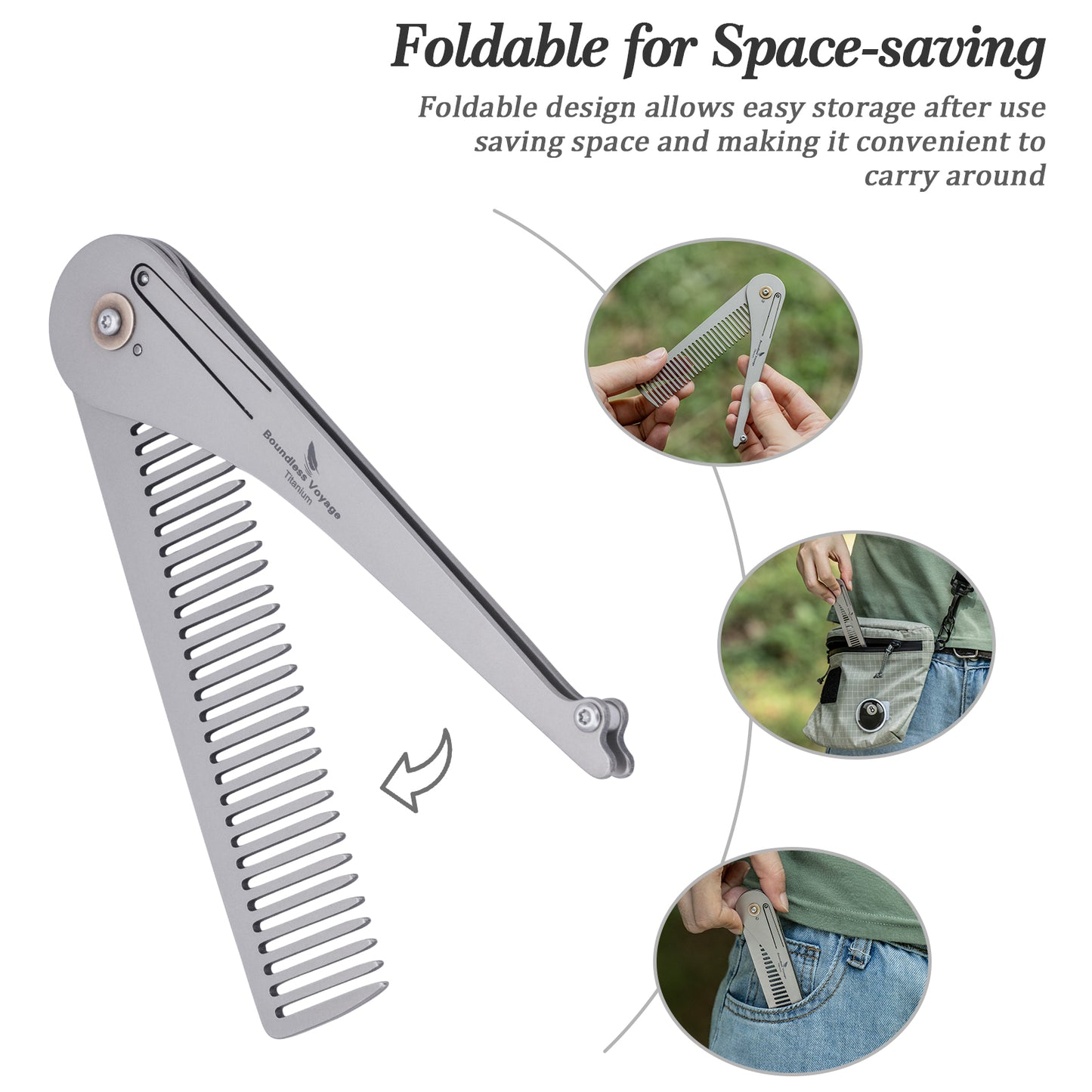 Boundless Voyage Titanium Foldable Comb, Ultralight Compact Folding Pocket Hair Comb for Outdoor Camping, Travel, Hiking and Daily‑Carry Ti9011A
